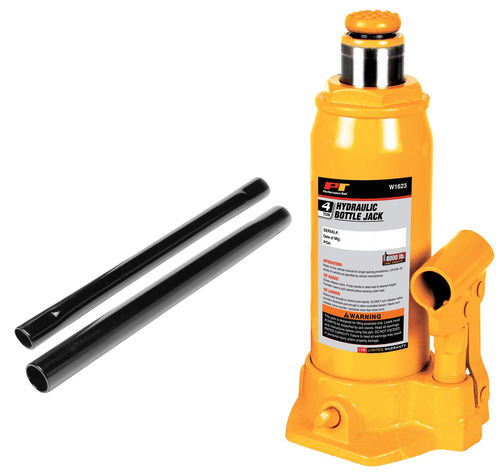 4-Ton Performance Tool W1623 Heavy Duty Hydraulic Bottle Jack (8,000 lbs.)
