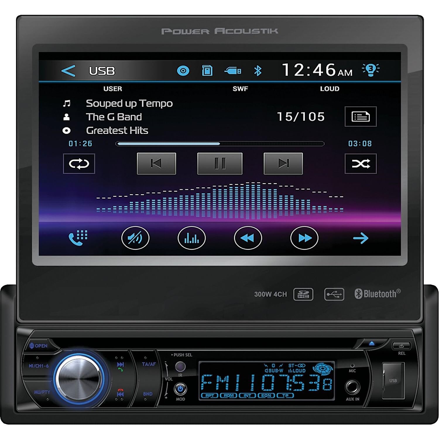 Power Acoustik 1-DIN PD-724B Source Unit With Bluetooth/Motorized 7" LCD,Black