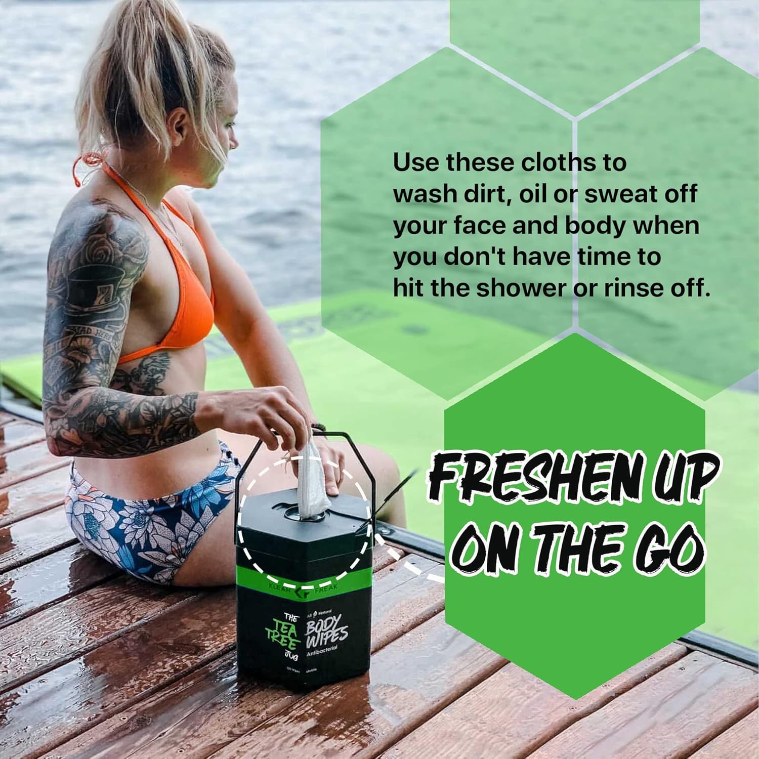 Klean Freak Body Wipes - Wipe Away Sweat and Odor for Face and Body, Large Textured, Travel, Gym, Camping and More, 120 Cnt Jug (Tea Tree)
