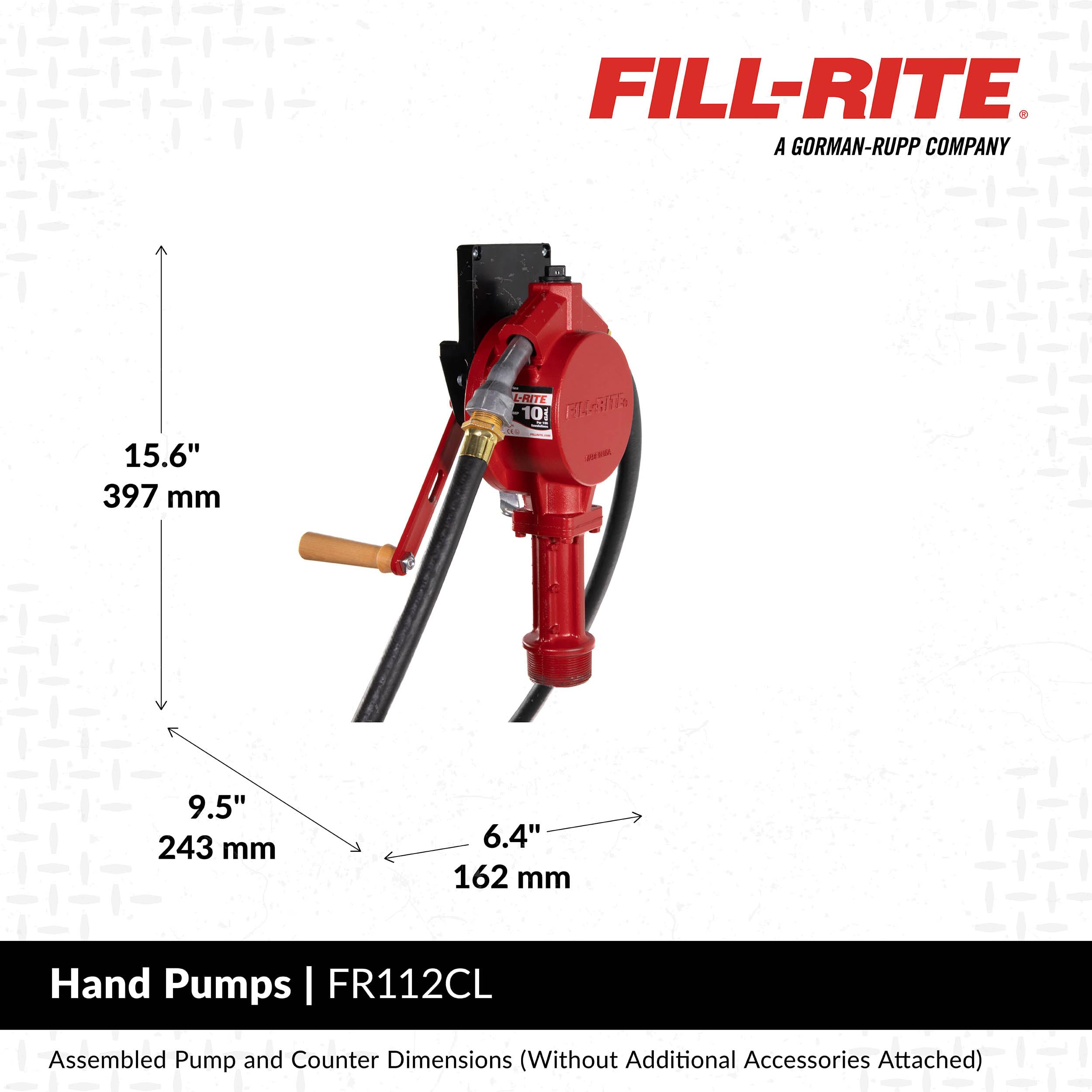 Fill-Rite Fuel Transfer Rotary Hand Pump FR112CL w/Liter Counter, Discharge Hose, Nozzle Spout, & Suction Pipe