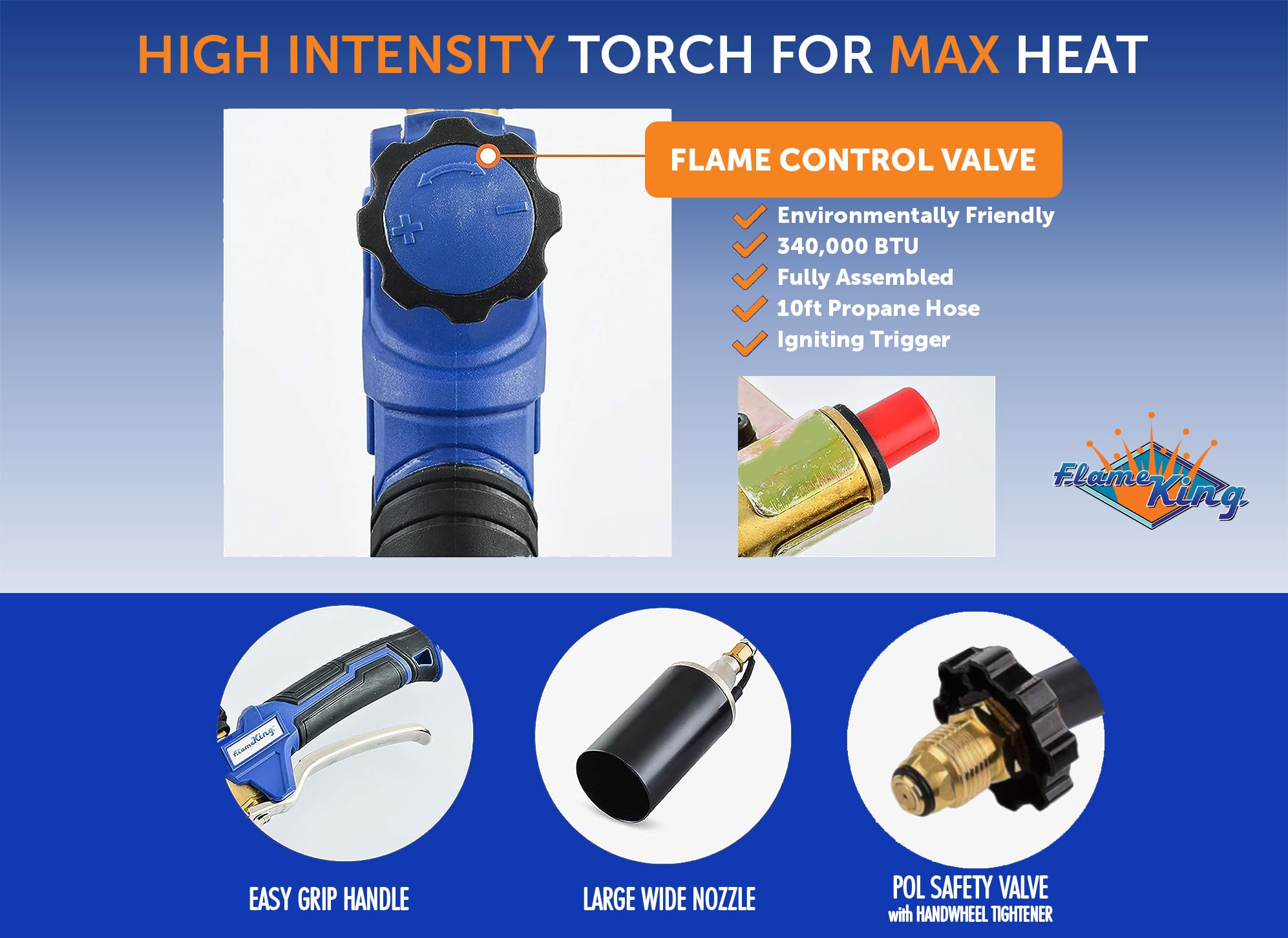 Flame King Heavy Duty Propane Torch Kit Weed Burner, 340,000 BTU with Piezo Igniter (Self Igniting), with 10-ft Hose for Weed Burning, Melting Ice and Snow, and Roofing
