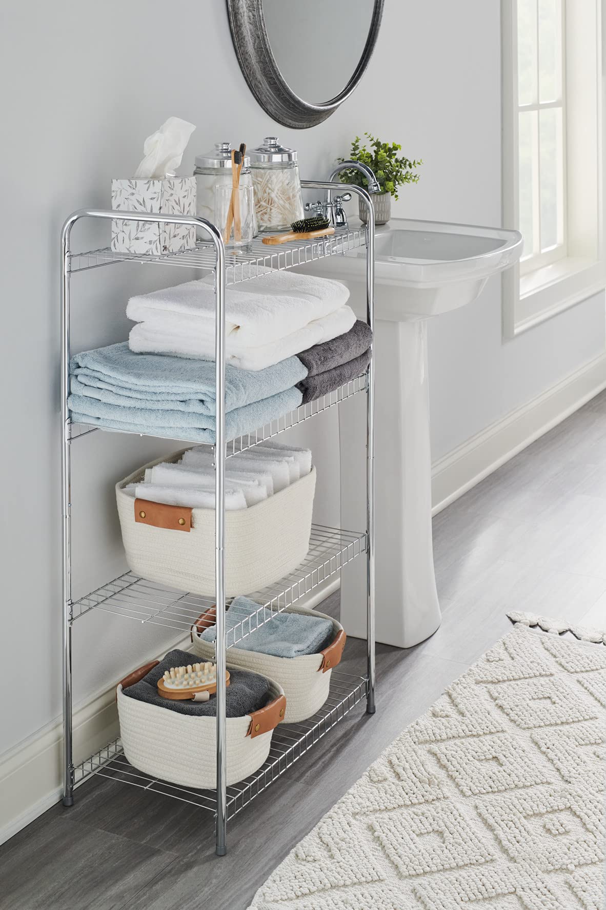 Rubbermaid Heavy Duty 4-Tier Wire Shelf, Satin Nickel, Easy Assemble with Hardware Included, for Food/Laundry/Closet Home Storage Use