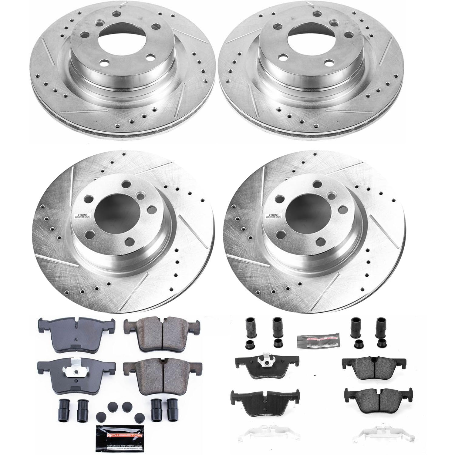 Power Stop K6853 Z23 Carbon Fiber Brake Pads Front and Rear with Drilled & Slotted Brake Rotors Kit and 1 Front & 1 Rear Sensor Wires For BMW 228i, 228i xDr, 328i, 428i, 428i xD [Model Specific]