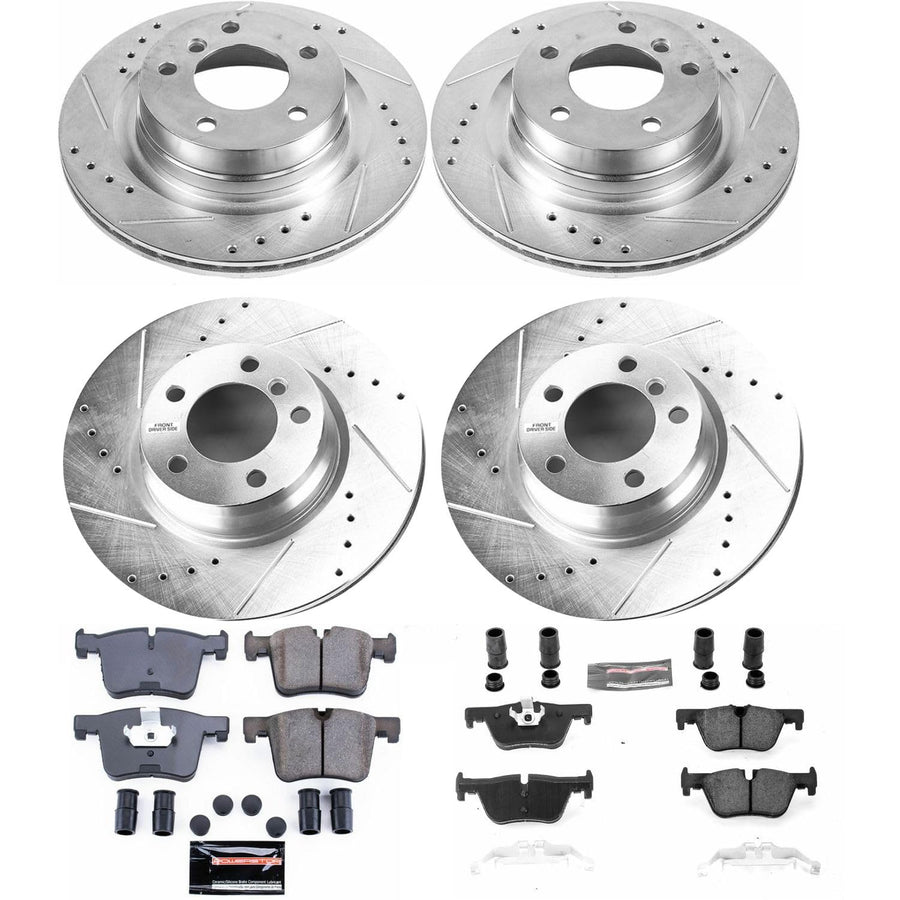Power Stop K6853 Z23 Carbon Fiber Brake Pads Front and Rear with Drilled & Slotted Brake Rotors Kit and 1 Front & 1 Rear Sensor Wires For BMW 228i, 228i xDr, 328i, 428i, 428i xD [Model Specific]
