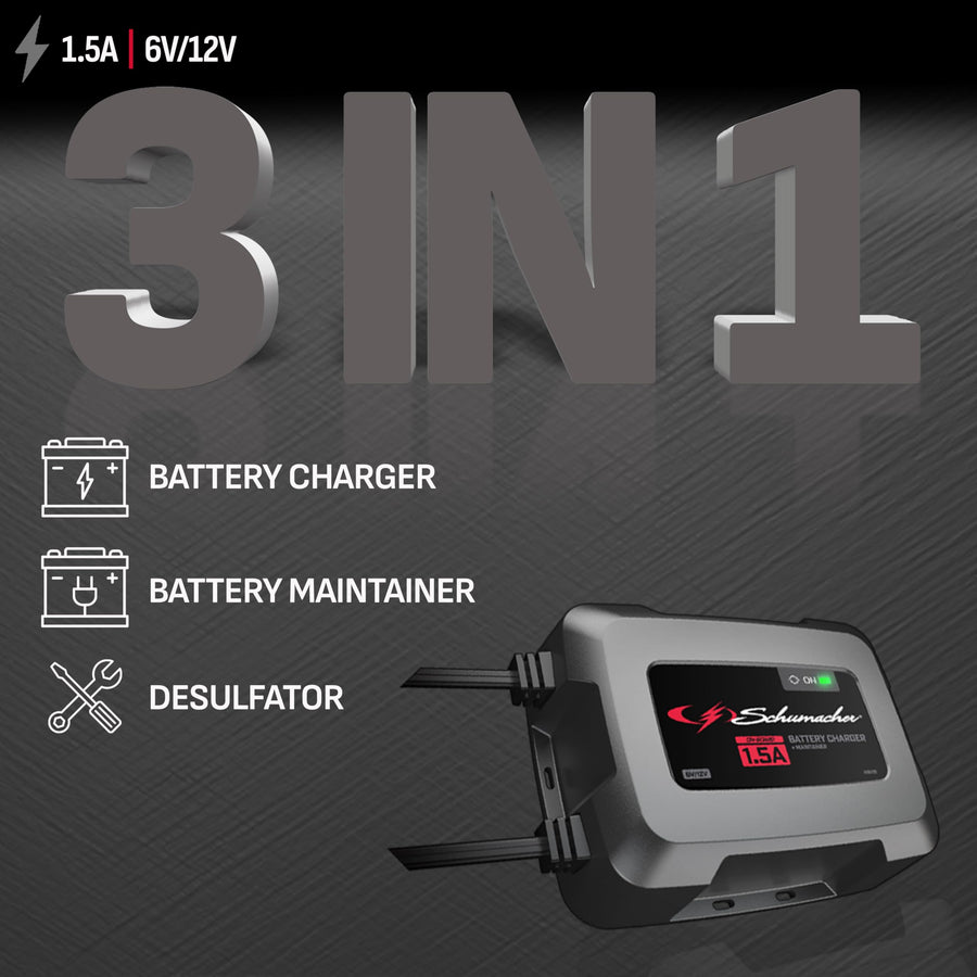 1.5A Schumacher Electric Onboard Car Battery Charger and Maintainer, 3-in-1 Solution, for 6V/12V Power Sport, Automotive, and Marine Batteries, SC1587