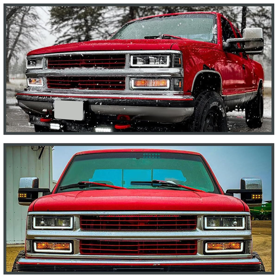 Black Headlights + Bumper Lights + Corner Lights w/LED Tube SPEC-D TUNING Compatible with 1994-1998 Chevy C10 C/K 1500/2500/3500, Left + Right Pair Headlamps Assembly