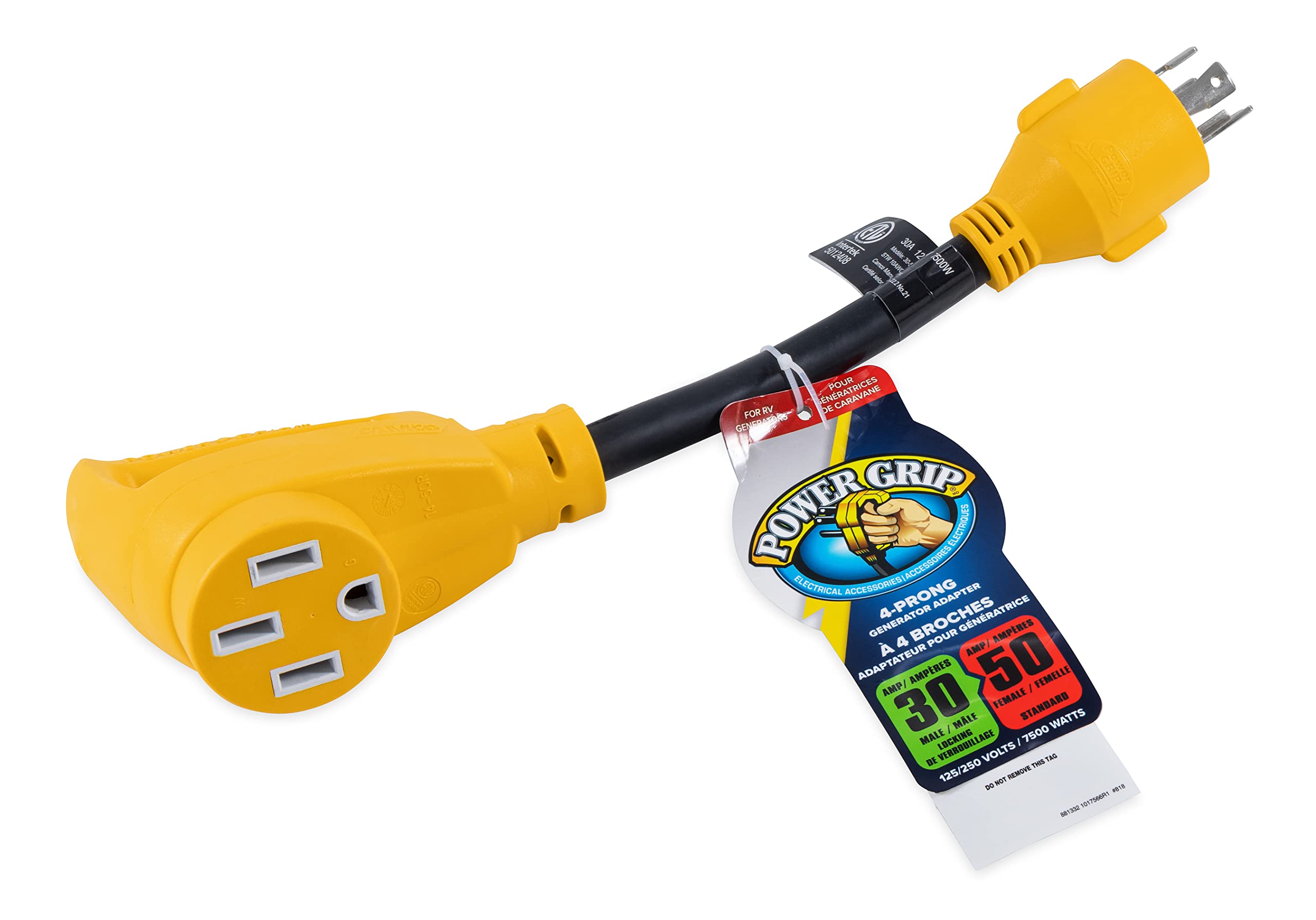 Camco Generator Adapter PowerGrip Camper/RV | Features a 4-Prong L14-30 Male End and a Standard 50-Amp Female End | Rated for 125/250 Volts & 7500 Watts (55422)