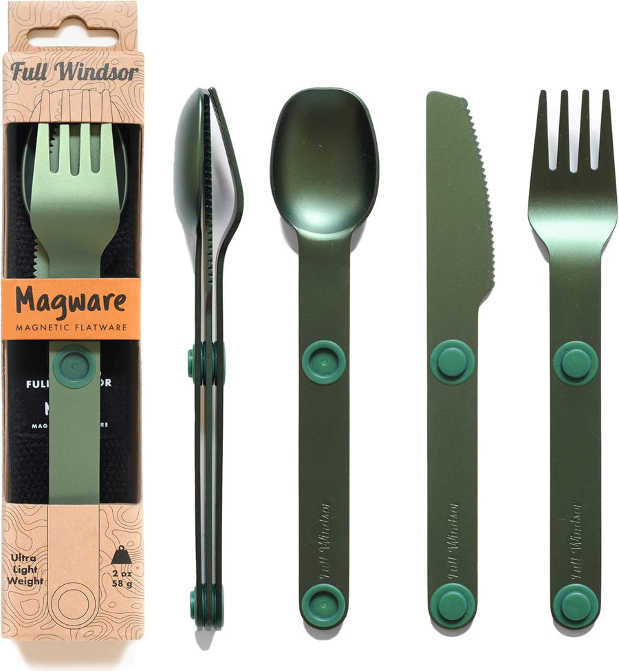 MAGWARE - FULL WINDSOR Magnetic Camping Cutlery Set - Travel Utensils for Camping, Cooking, and Outdoor Dining - Knife, Fork & Spoon - Portable Silverware with Pouch - Green (3 PCS)