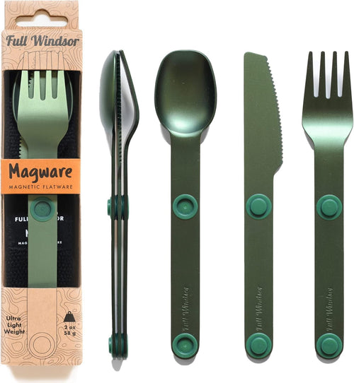 MAGWARE - FULL WINDSOR Magnetic Camping Cutlery Set - Travel Utensils for Camping, Cooking, and Outdoor Dining - Knife, Fork & Spoon - Portable Silverware with Pouch - Green (3 PCS)