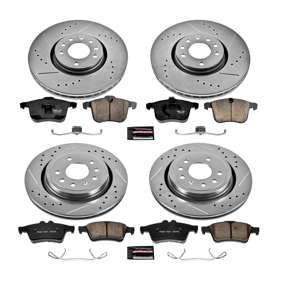 Power Stop K5348 Z23 Carbon Fiber Brake Pads Front and Rear with Drilled & Slotted Brake Rotors Kit For Saab 9-3 2003-2011 [Model Specific]
