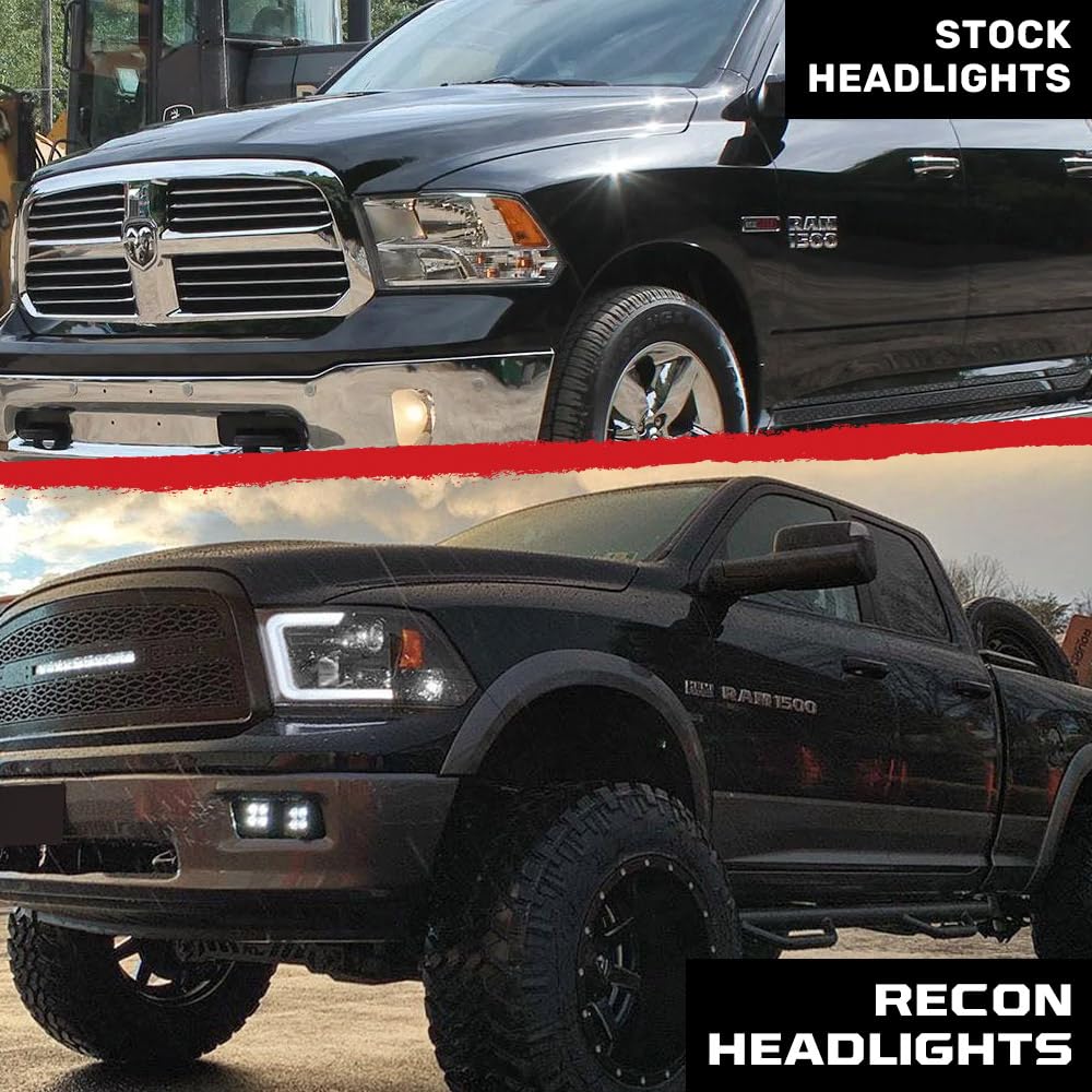 RECON - Projector Headlights Fits 09-23 RAM 1500 Classic Body & 10-18 RAM 2500/3500 Ultra Bright White OLED Halos & DRL in Smoked Lens