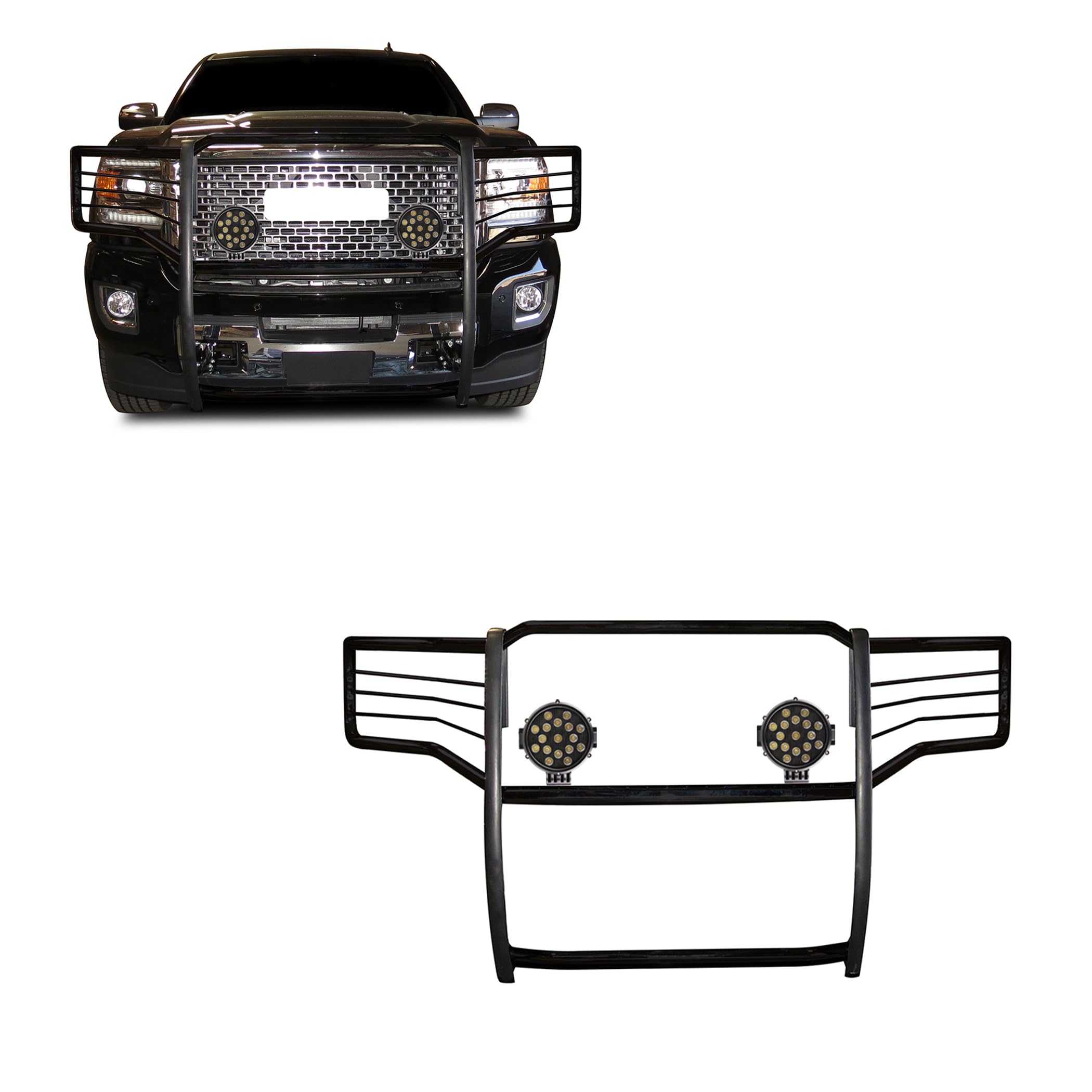 Bumper Guard Modular Black Horse Grille brush Come With pair of 7.0"Dia.LED Lights with Black Trim Rings Compatible with 2015-2019 GMC Sierra 2500 HD|2015-2019 GMC Sierra 3500 HD-17GS14MA-PLB