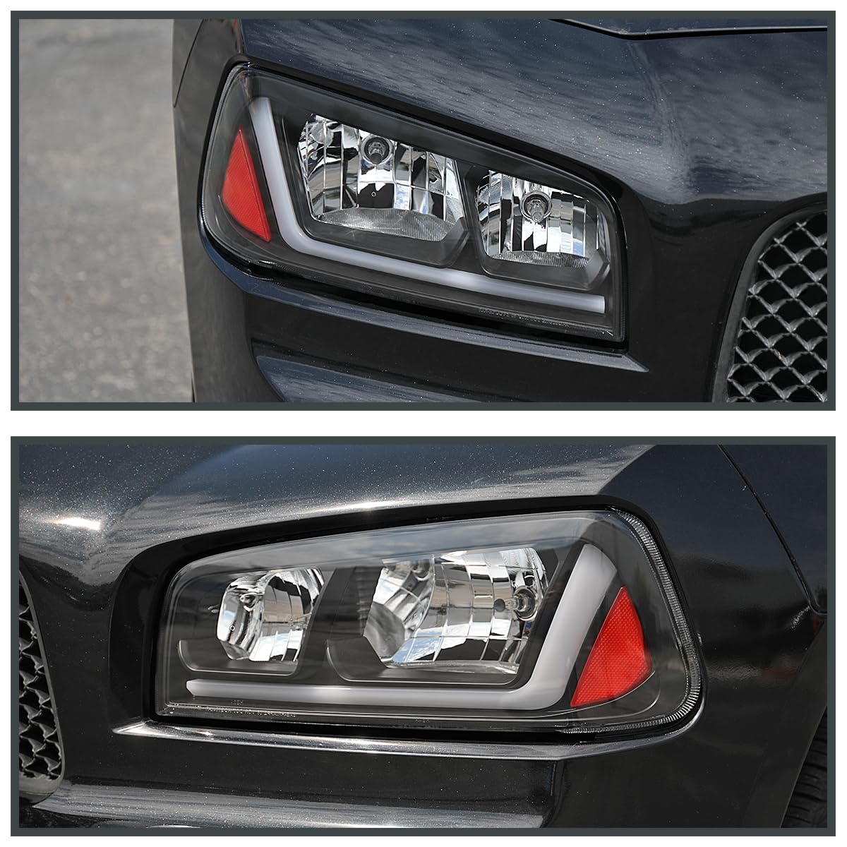 Black SPEC-D TUNING Headlights w/Fiber Optic LED Strip and Turn Signal Light Compatible with 2006-2010 Dodge Charger 4Dr Sedan, Left + Right Pair Headlamp Assembly