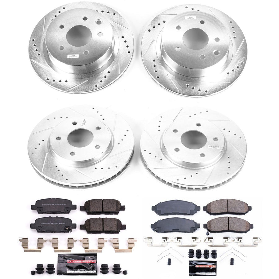 Power Stop K8272 Z23 Carbon Fiber Brake Pads Front and Rear with Drilled & Slotted Brake Rotors Kit For Nissan LEAF 2011-2014 [Model Specific]