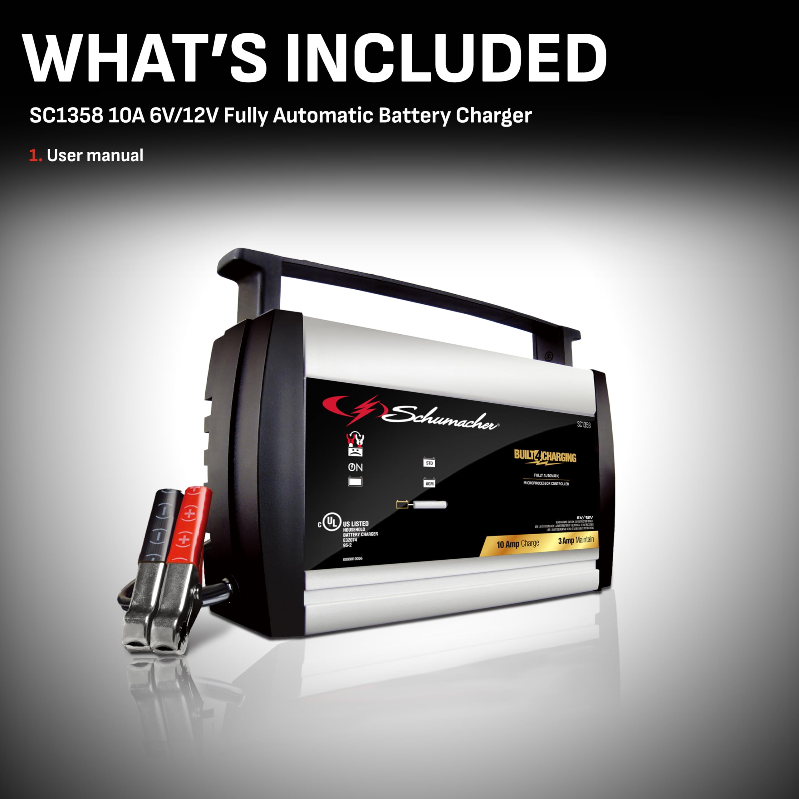 Schumacher Electric SC1358 Battery Charger and Maintainer, 3-in-1, Fully Automatic, 10 Amps, 6 Volt, 12 Volt, for Motorcycle, Lawn Tractor, Power Sport, Car, and Marine Batteries