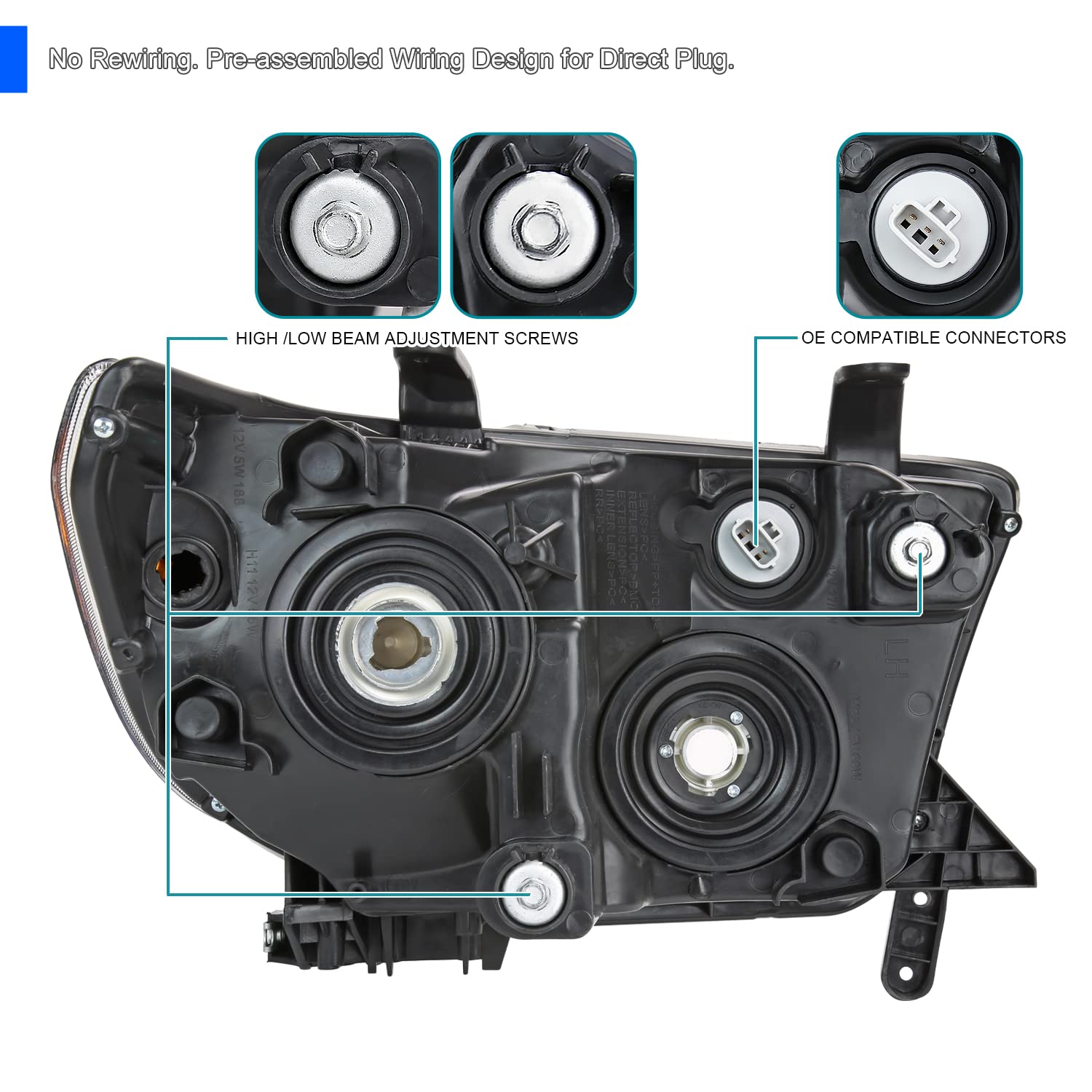 Smoke Headlights w/LED Tube SPEC-D TUNING Compatible with 2007-2013 Toyota Tundra, Left + Right Pair Headlamp Assembly