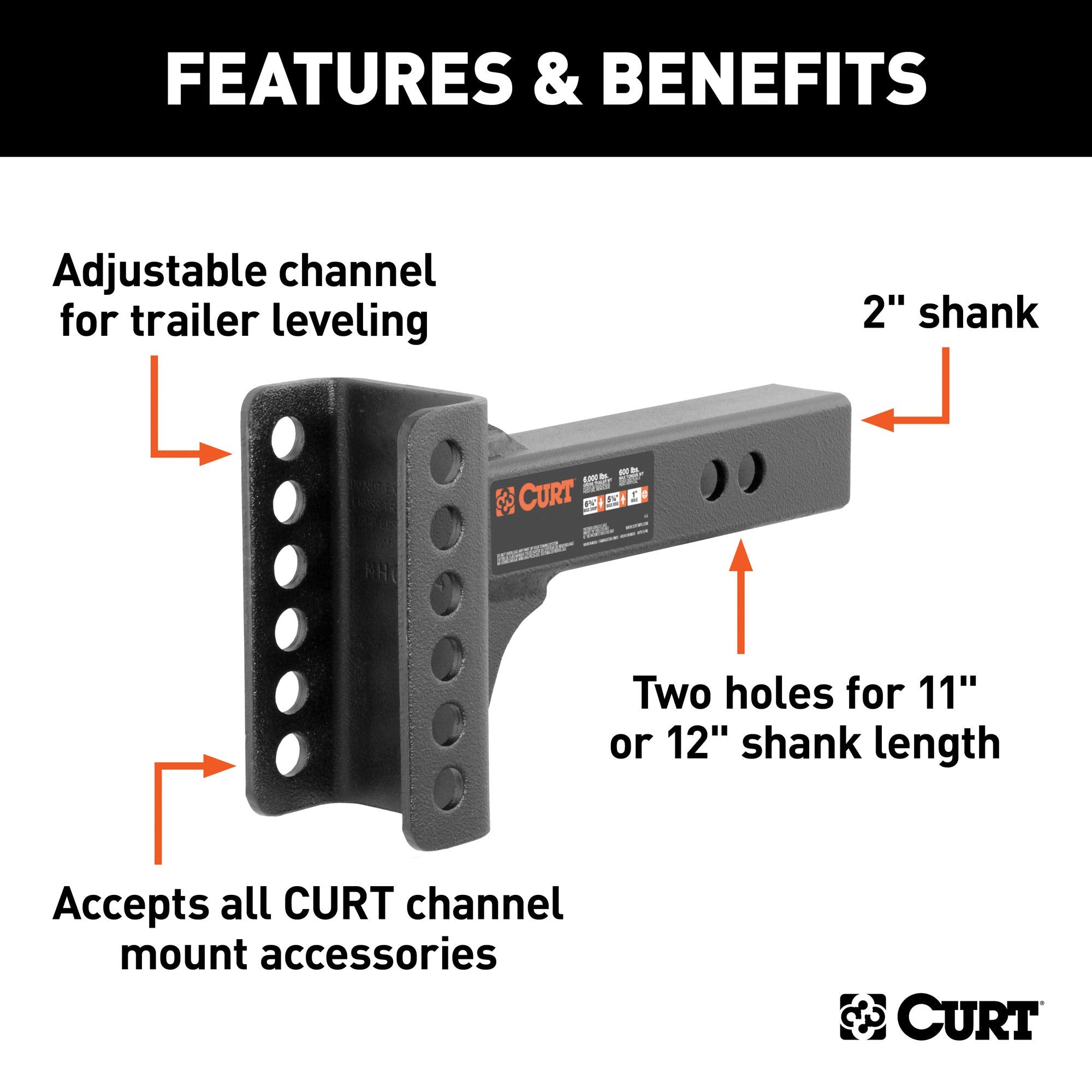 CURT Replacement Shank for Adjustable Trailer Hitch Ball Mount #45901, Fits 2-Inch Receiver, CARBIDE BLACK POWDER COAT