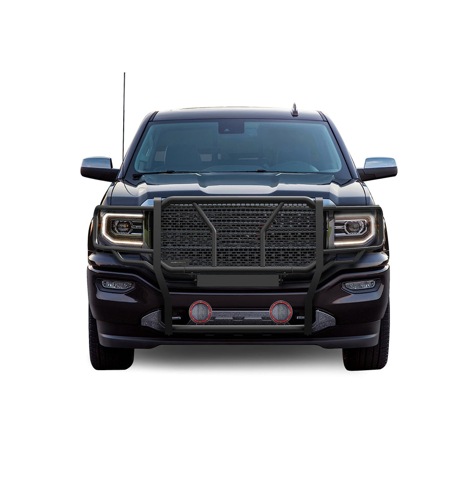 Heavy Duty Black Horse Rugged Grille Brush Bumper Guard Modular Black Come with Pair of 5.3" LED Lights Compatible with 2014-2018 Sierra 1500|2019-2022 Sierra 1500 Limited-RU-GMSI14-B-PLFR