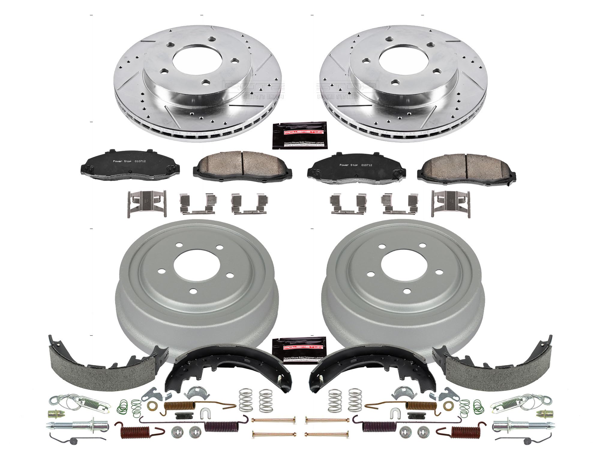 Power Stop K15177DK Z23 Carbon Fiber Brake Pads Front and Rear with Drilled & Slotted Brake Drums Kit For Ford F-150 1997-2002 [Model Specific]
