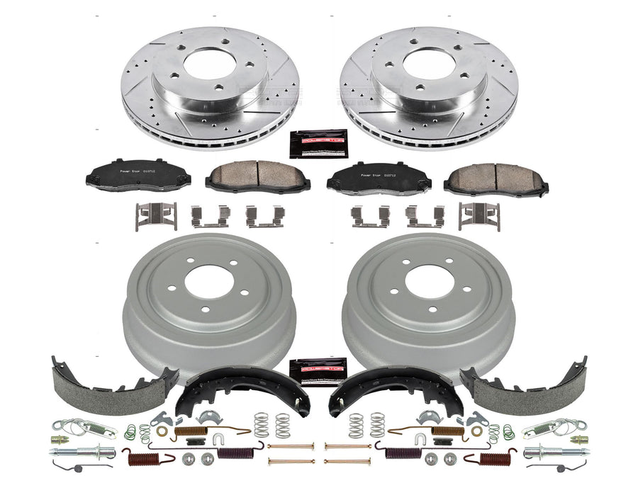 Power Stop K15177DK Z23 Carbon Fiber Brake Pads Front and Rear with Drilled & Slotted Brake Drums Kit For Ford F-150 1997-2002 [Model Specific]
