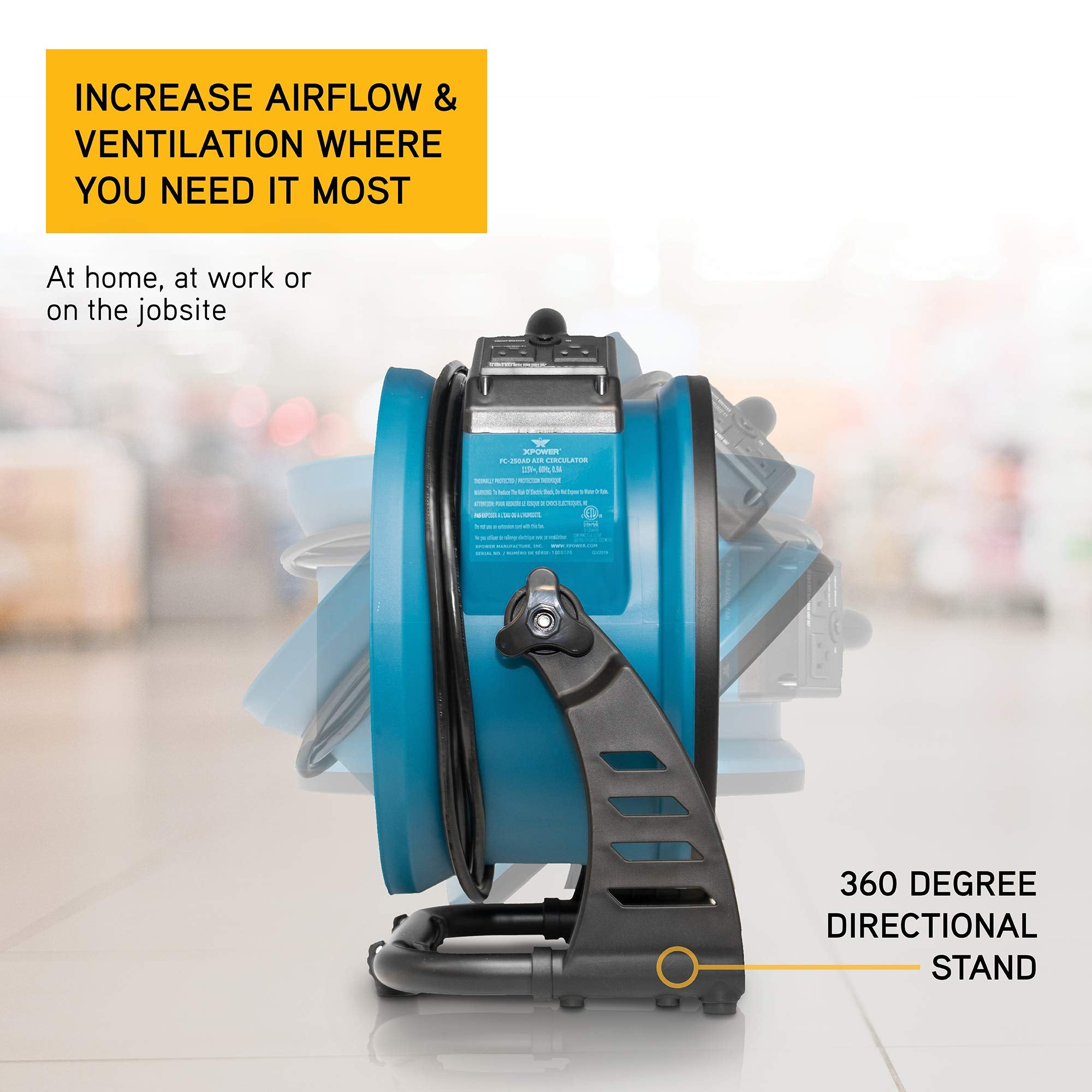 XPOWER Heavy Duty FC-250AD DC Motor Industrial High Velocity Whole Room Air Mover Air Circulator Utility Floor Fan with Daisy Chain, Variable Speed, Timer, 13 inch, 1560 CFM