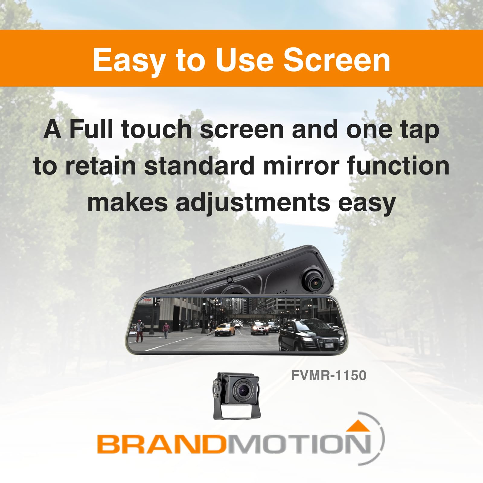 Heavy Duty Brandmotion FVMR-1150 FullVUE Mirror Vision Camera System | Full Touchscreen for Easy Adjustments | Anti-Glare Tempered Glass Screen | Automatic Brightness Adjustment | G-Shock Sensor