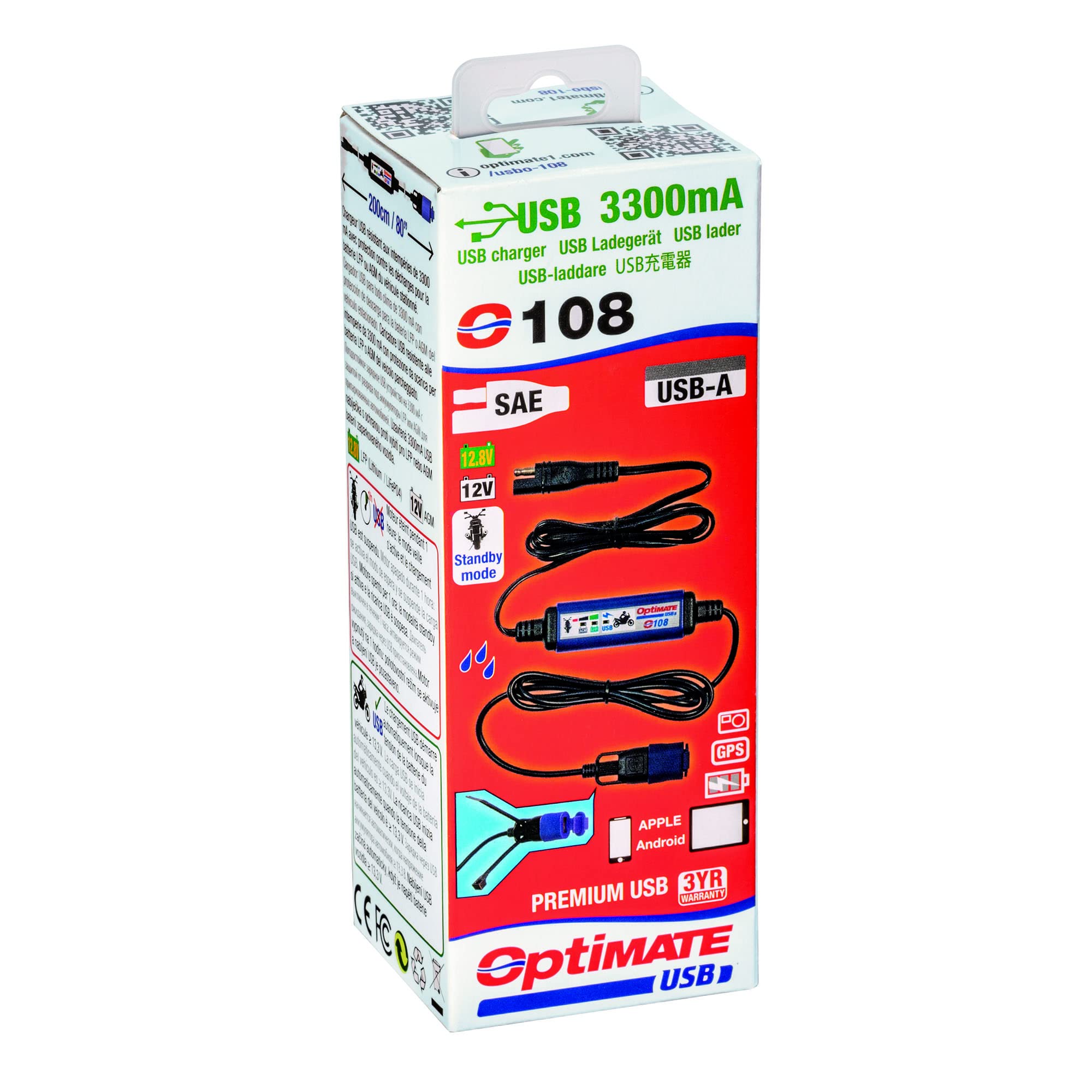 Optimate USB O-108v2, Smart 3300mA in-line USB Charger with Standby Mode & Vehicle Battery Monitor.