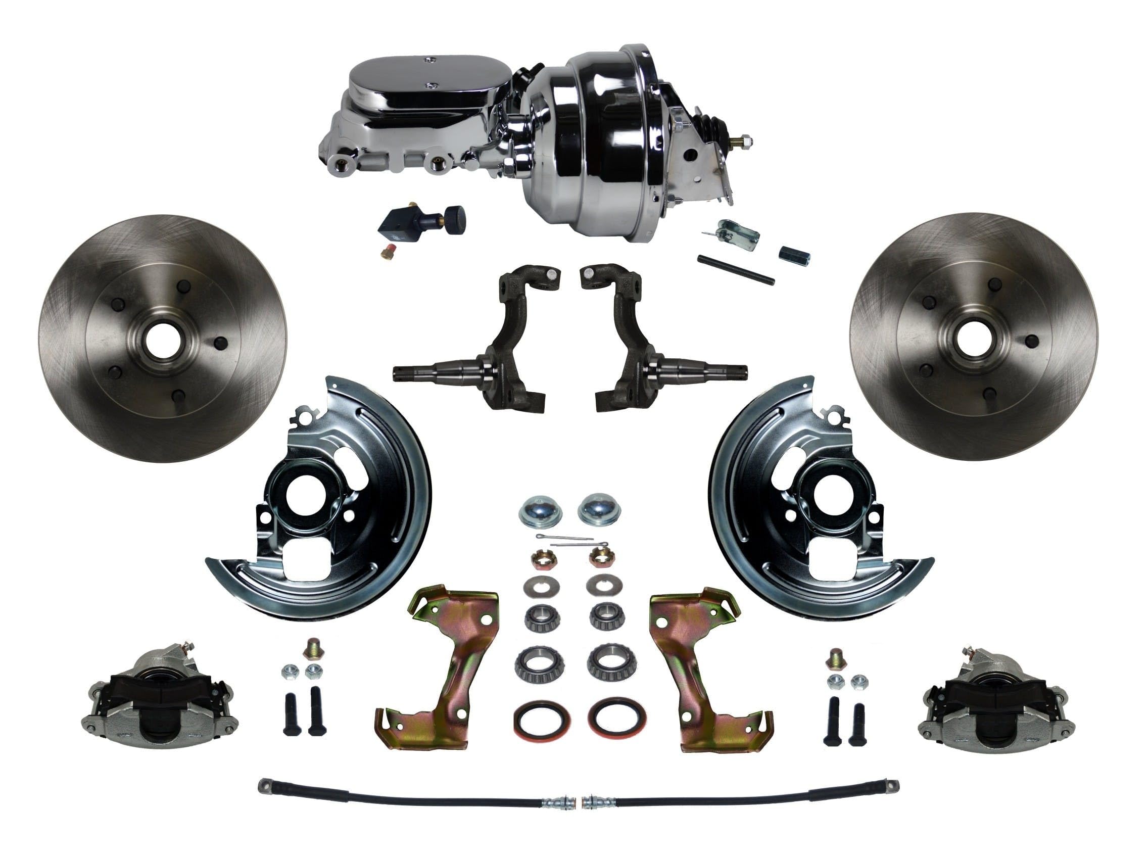 Power LEED BRAKES Front Disc Brake Conversion Kit With 8" Dual Chrome Booster Flat Top Chrome M/C Adjustable Proportioning Valve