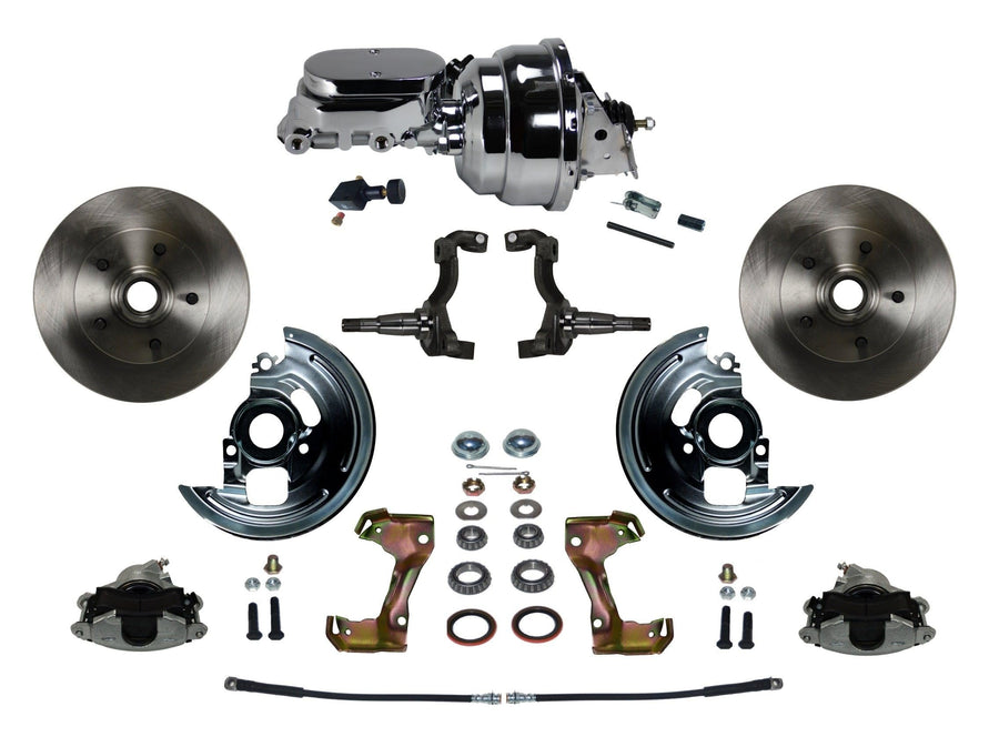 Power LEED BRAKES Front Disc Brake Conversion Kit With 8" Dual Chrome Booster Flat Top Chrome M/C Adjustable Proportioning Valve