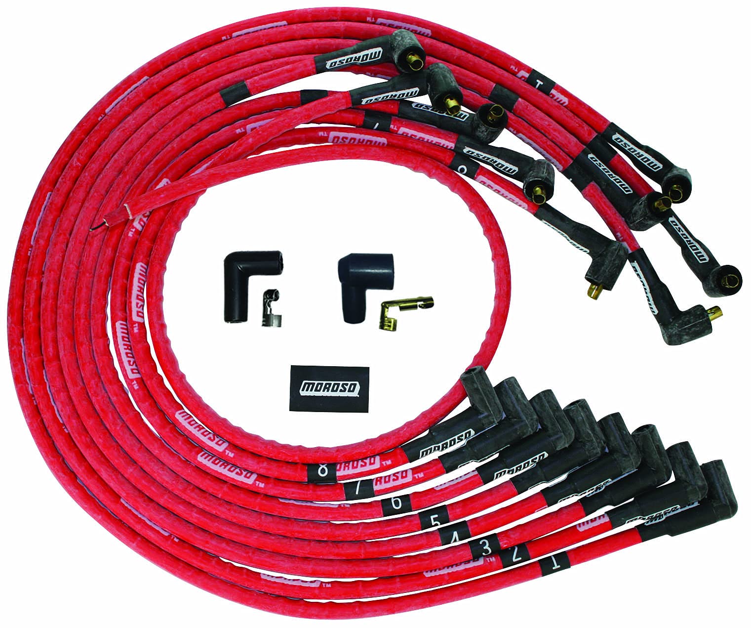 Moroso Ultra Series Red Sleeved Spark Plug Wires, Small Block Chevy, Routing Under Header, 90 Degree Plug Ends, Non HEI Distributor