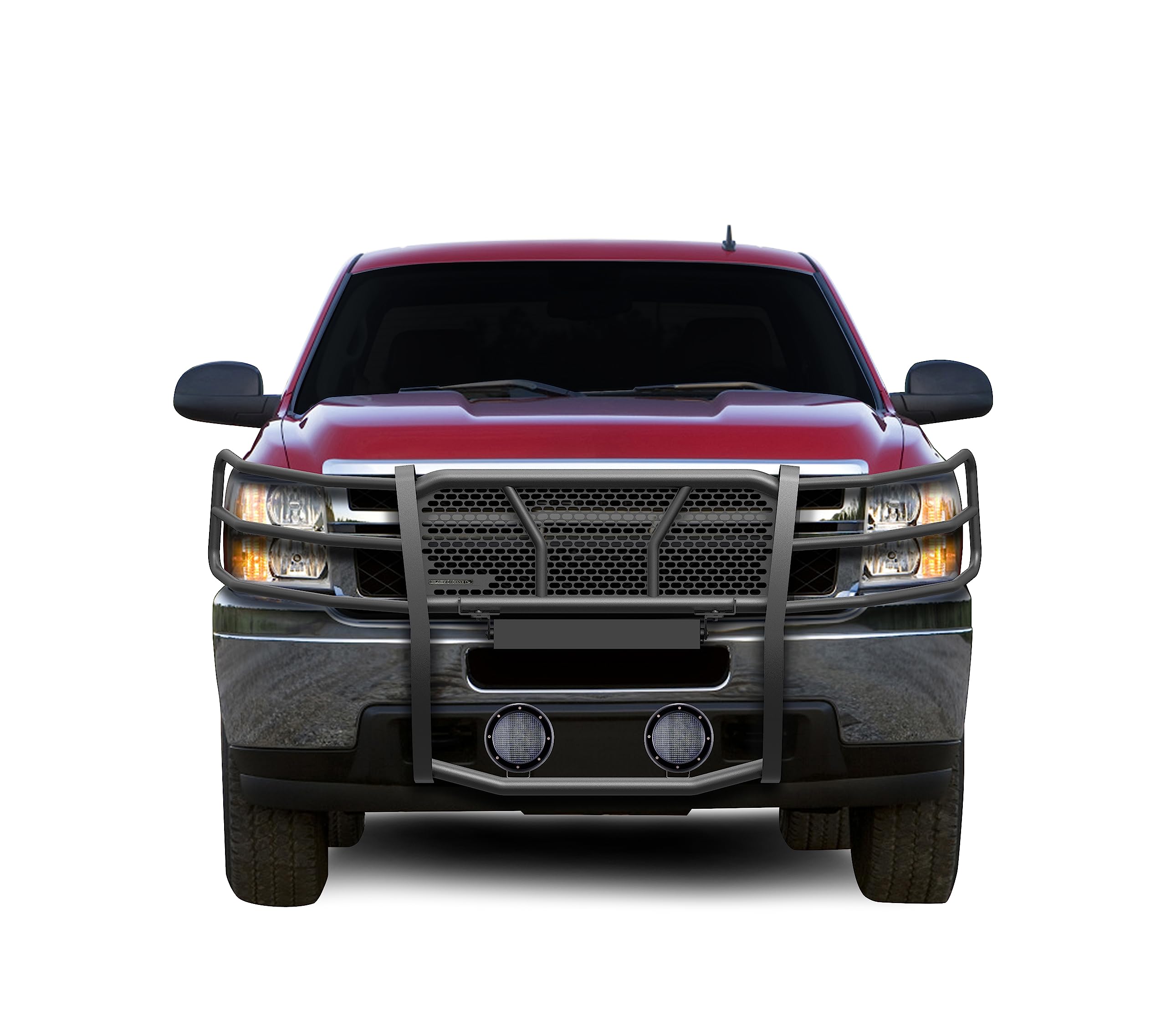 Heavy Duty Black Horse Rugged Grille Brush Bumper Guard Modular Black Come with Pair of 5.3" Dia.LED Lights with Black Trim Rings Compatible with 2007-2013 Chevrolet Silverado 1500-RU-CHSI07-B-PLFB