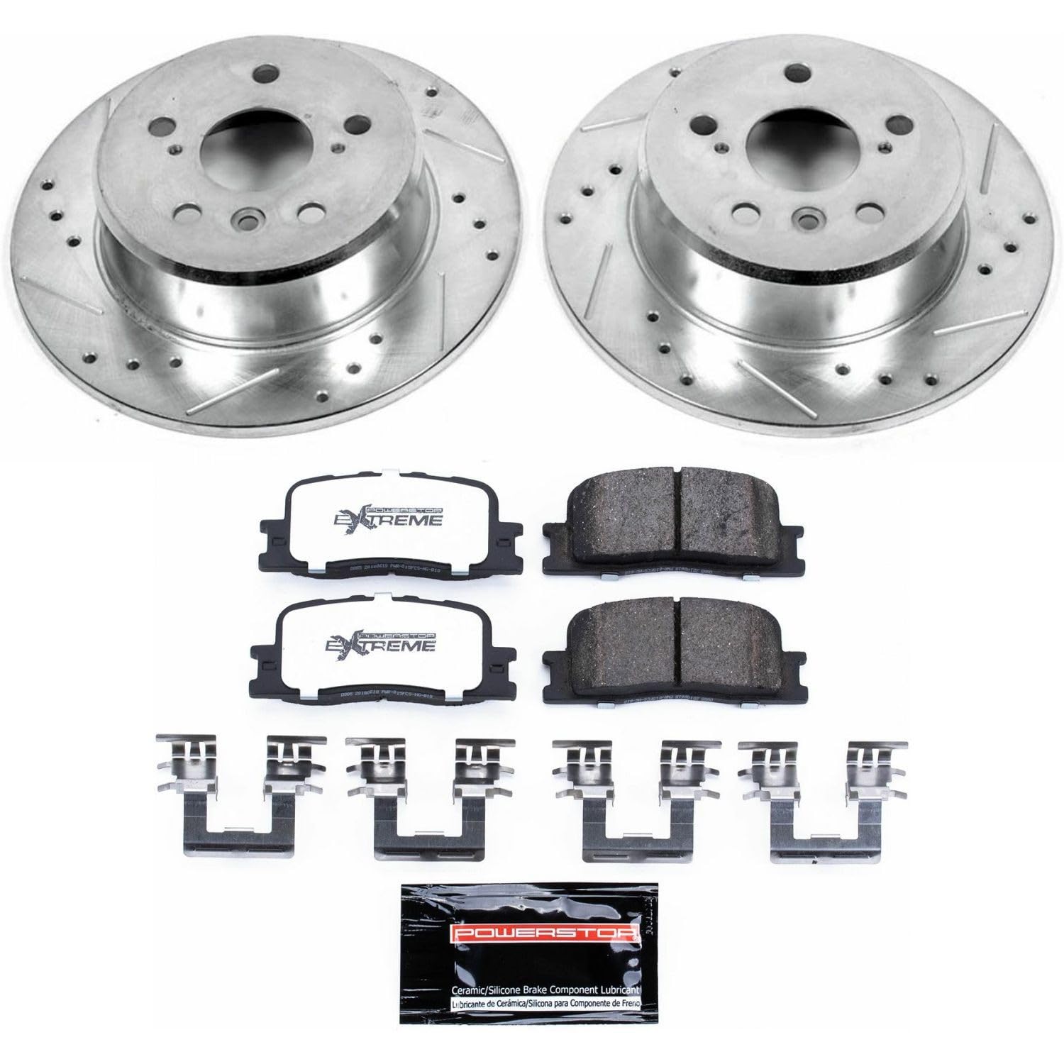 Rear Brake Kit Power Stop For 2001 2002 2003 Toyota Highlander - Truck & Tow Carbon Fiber Ceramic Brake Pads & Drilled and Slotted Rotors Replacement, K1069-36