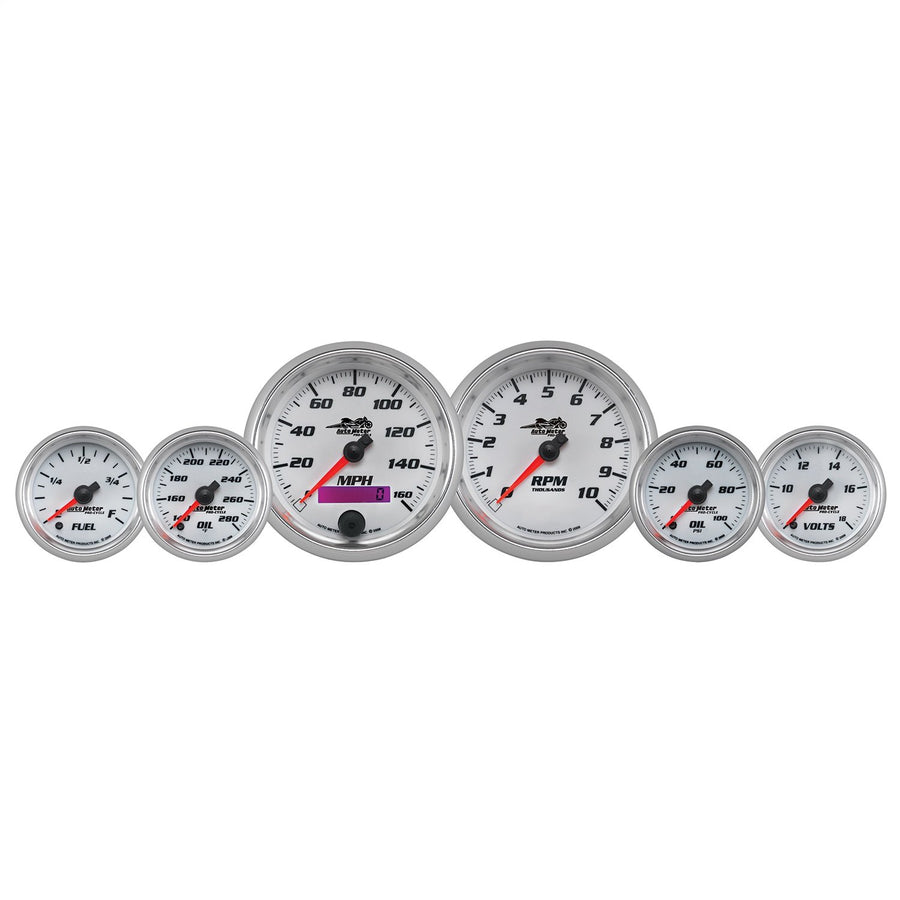 Gauge Kit AutoMeter, 6 Pc. Kit, 3 3/8" & 2 1/16", Bagger, White, Pro-Cycle (19701)