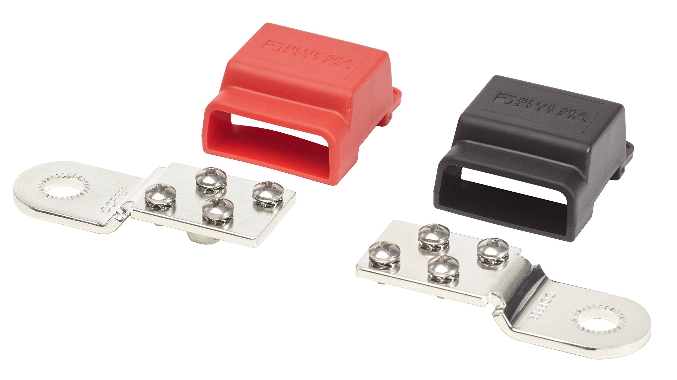Battery Terminal Mount Blue Sea Systems 2340 Tin-plated Copper BusBars, Positive and Negative with 4 x 10-24" Stainless Screws, 32V, 100A,Red/Black