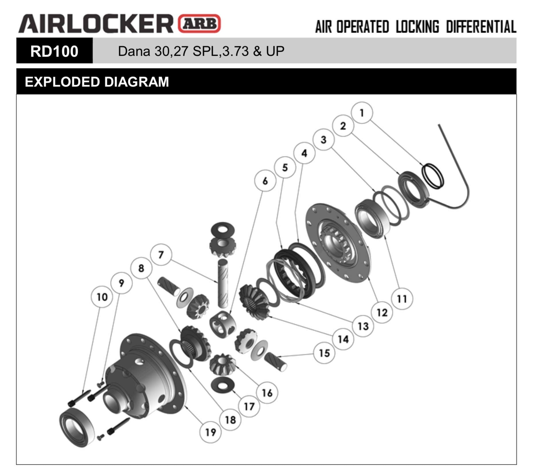 ARB RD100 Air Operated Locking Differential for 27 Spline Dana Spicer 30, 3.73 & Up Front Jeep Wrangler JK & JL Non-Rubicon