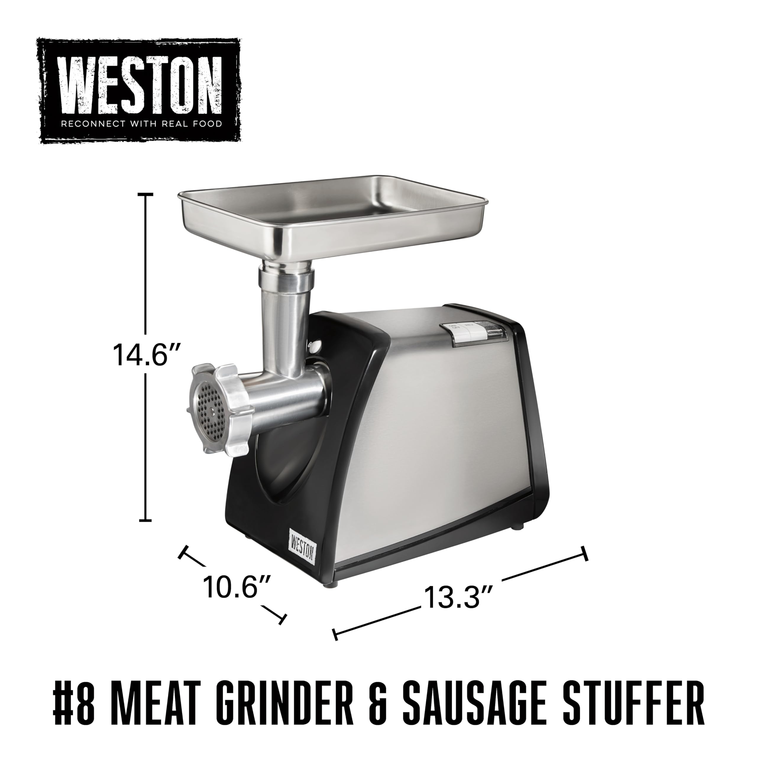 Electric Weston Meat Grinder & Sausage Stuffer, #8 650 Watt, 7/8 HP Motor, Grinds 3 lbs Per Minute, Includes Stainless Steel Grinding Plates, Stainless Steel (33-0801-W)