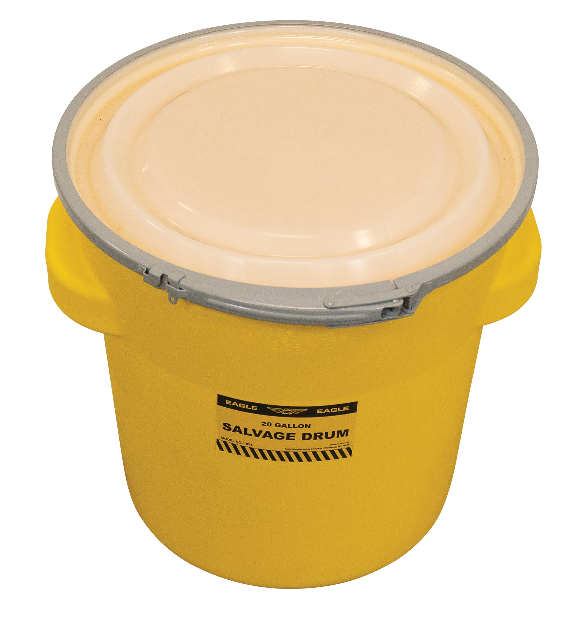 20 Gallon Eagle Plastic Drum with Lid, Metal Lever-Lock, 20.4"x20.9", Salvage Drum Made of Durable, Lightweight HDPE, Withstands Weather and Chemicals, Made in USA, Yellow, 1654
