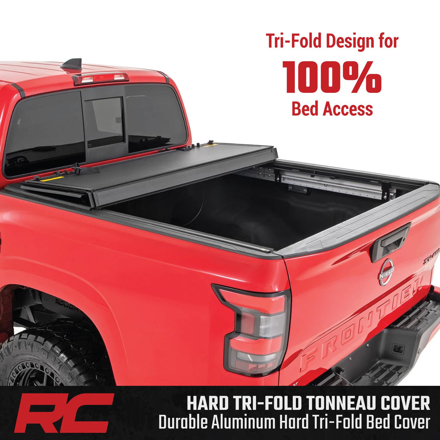 Rough Country Hard Tri-Fold Truck Bed Flip Up Tonneau Cover for Nissan Frontier (2022-2025) - Fits 5' (58.9-59.5") Bed, All-Weather, Flush Aluminum Panels