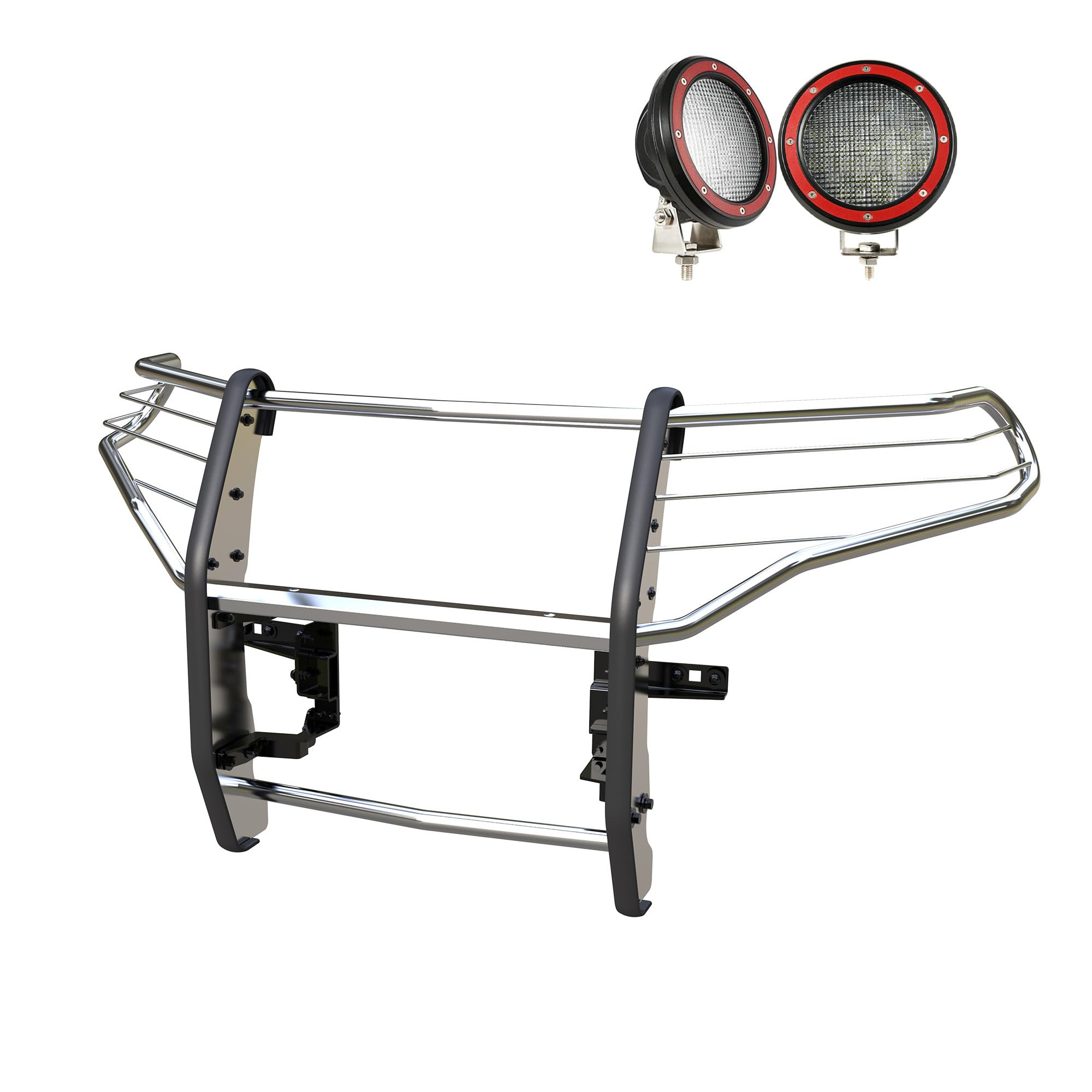 Grille Guard Kit Black Horse Modular Stainless Steel Pair of 5.3" Dia. LED Flood Lights w/Red Trim Rings Wiring Harness and Switch Compatible with 2020-2024 Ford Explorer