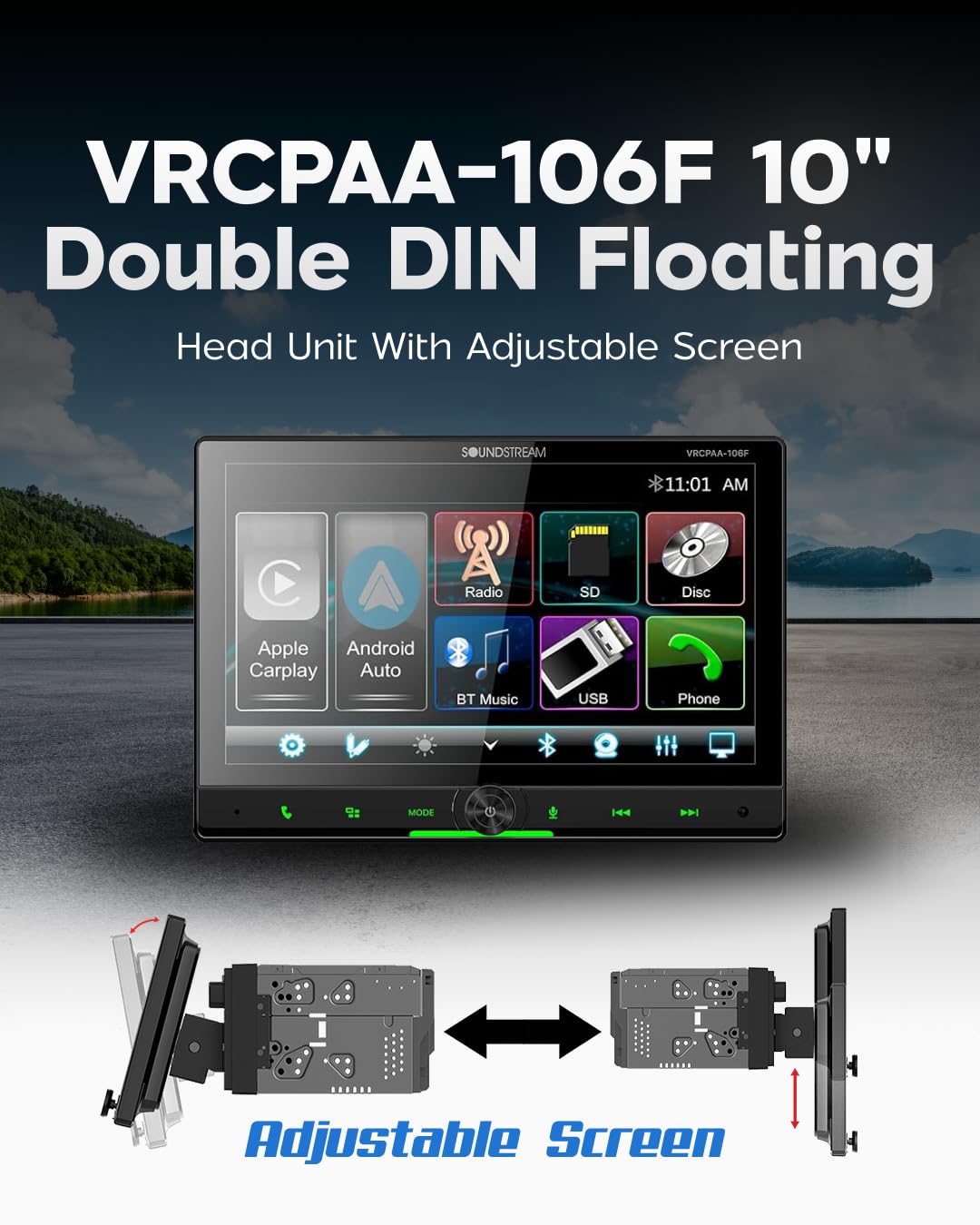 10.6" Soundstream Double Din Floating Touchscreen Car Stereo, VRCPAA-106F Apple CarPlay & Android Auto Head Unit, Bluetooth, AM/FM Radio Receiver, USB, SD, CD/DVD Player