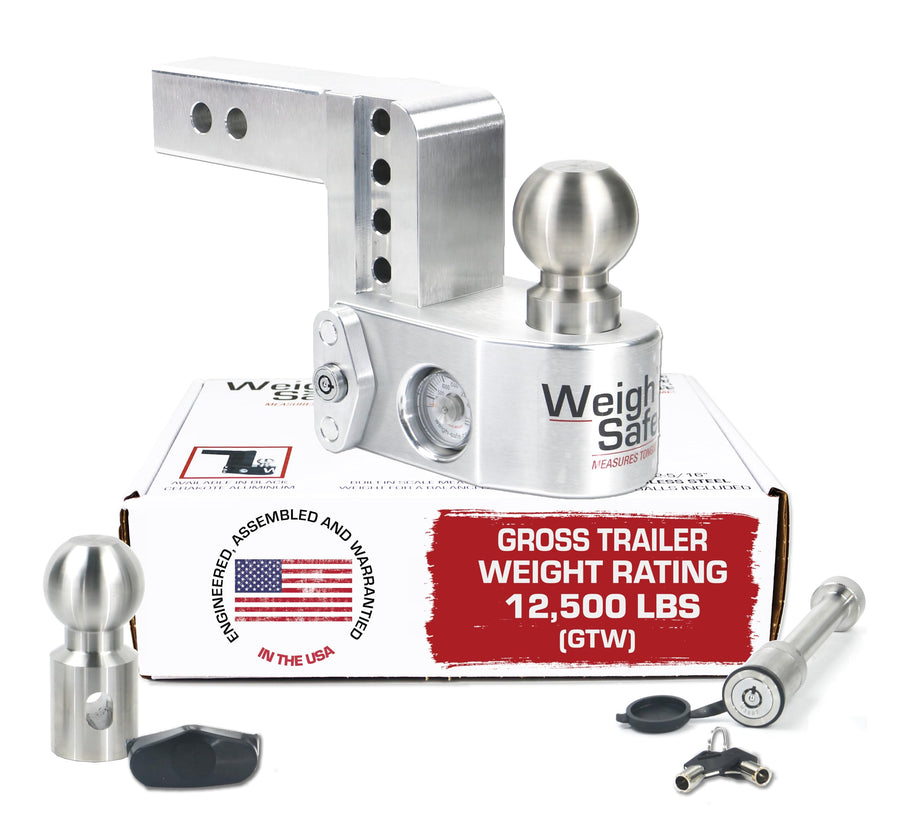 Weigh Safe Adjustable Aluminum Trailer Hitch - Towing Hitch with Built-In Tongue Weight Scale - Compatible with 2" Receivers - 4" Drop, Stainless Steel Tow Balls, 12,500 GTW, 2-Piece Lock Set