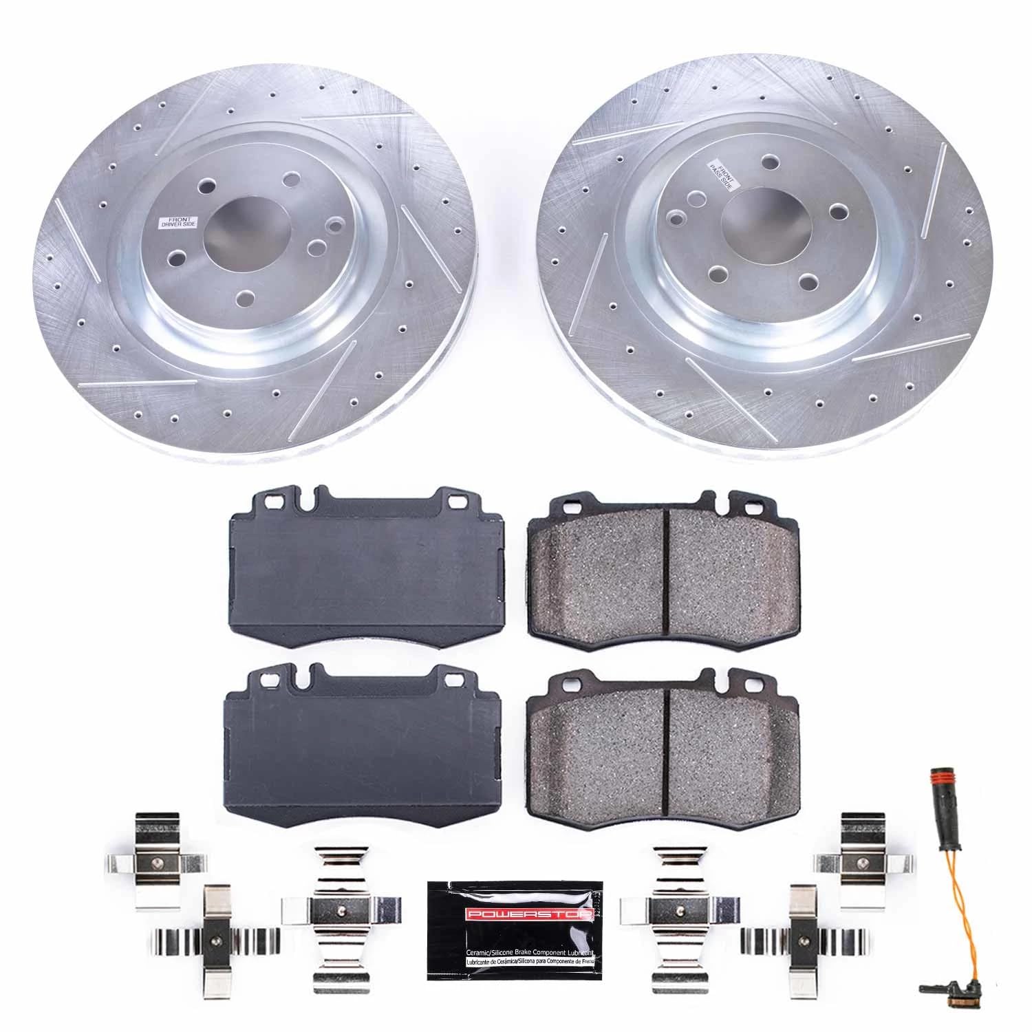 Power Stop K7788 Z23 Carbon Fiber Brake Pads Front with Drilled & Slotted Brake Rotors Kit For Mercedes-Benz CLK500 2003-2006 [Model Specific]