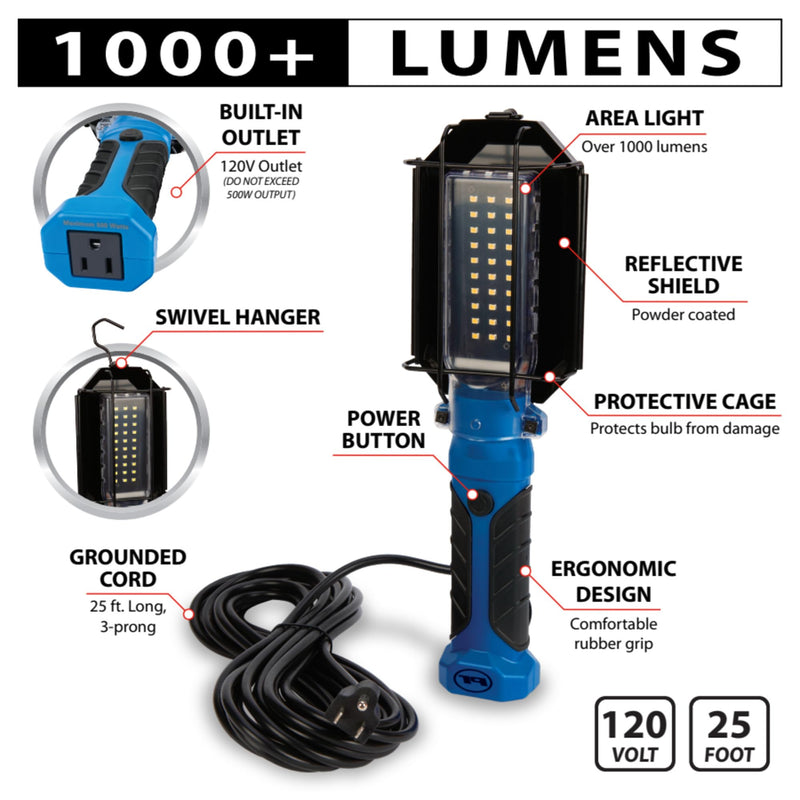 W2237 Performance Tool 25' 18GA 1,000 lumen 120V LED Drop Light with Extra Built in 120V Outlet, 1 Pack