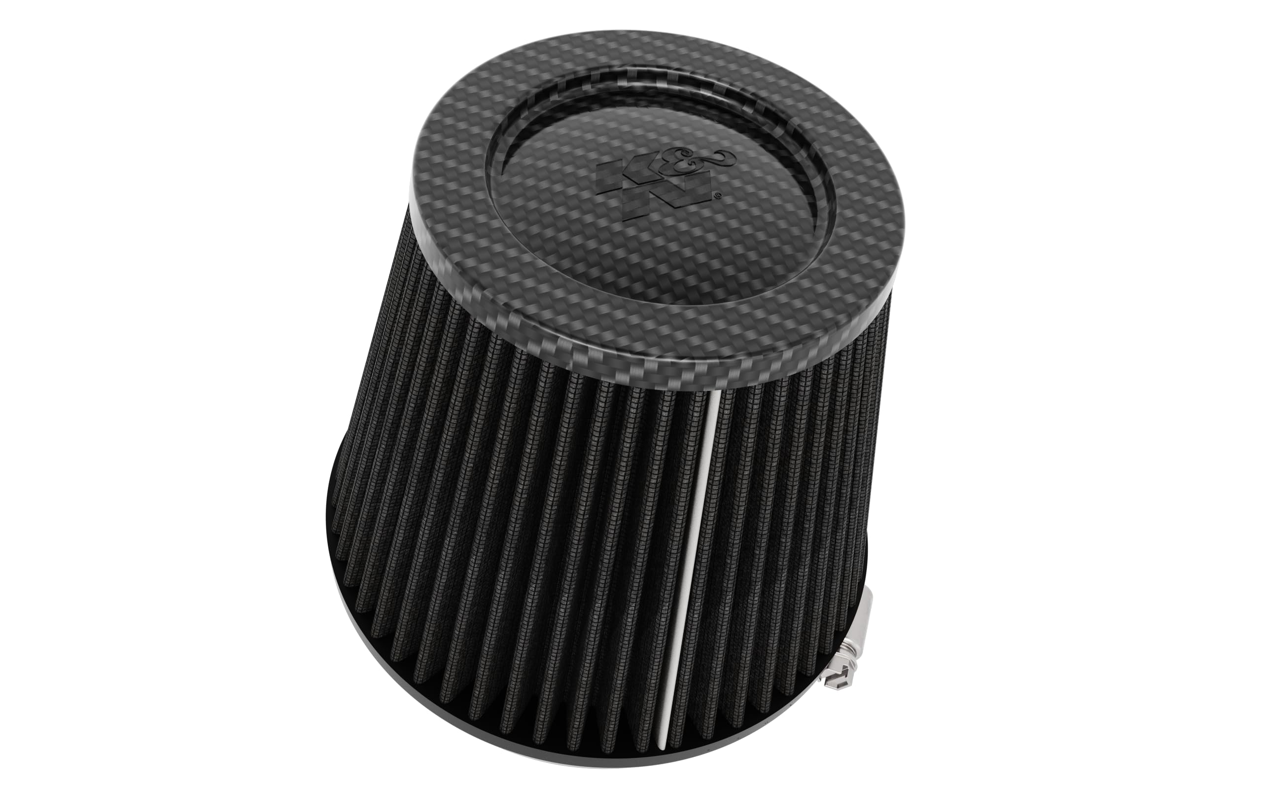 K&N Clamp-On Universal Air Filter, Dry Synthetic, Carbon Fiber Top, Oil-Free, Flange Diameter: 5 In, Filter Height: 5.625 In, Flange Length: 1 In, Shape: Round Tapered, RP-3134HBK