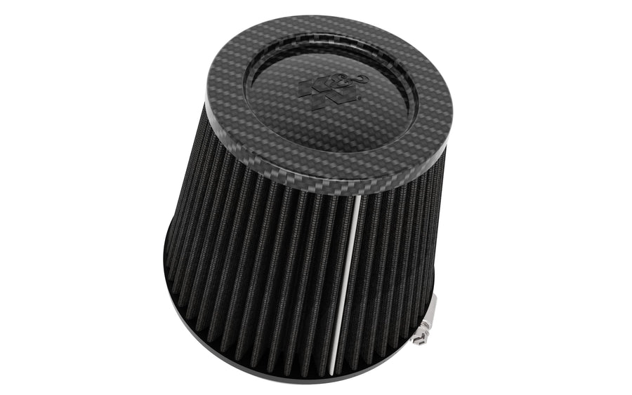K&N Clamp-On Universal Air Filter, Dry Synthetic, Carbon Fiber Top, Oil-Free, Flange Diameter: 5 In, Filter Height: 5.625 In, Flange Length: 1 In, Shape: Round Tapered, RP-3134HBK