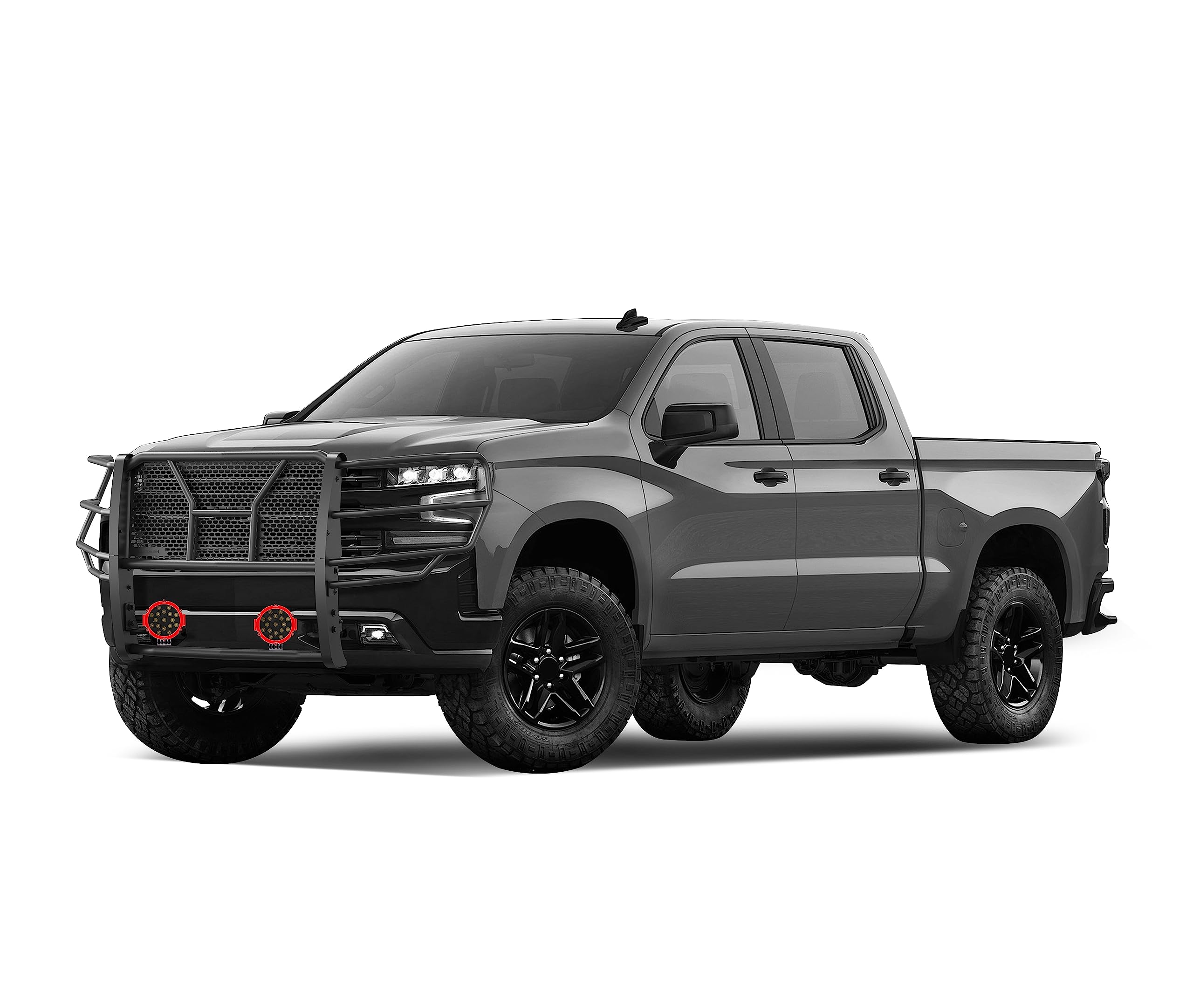Heavy Duty Black Horse Rugged Grille Brush Bumper Guard Modular Black Come with Pair of 7.0" Dia.LED Lights with Red Trim Rings Compatible with 2019-2024 Chevrolet Silverado 1500-RU-CHSI19-B-PLR