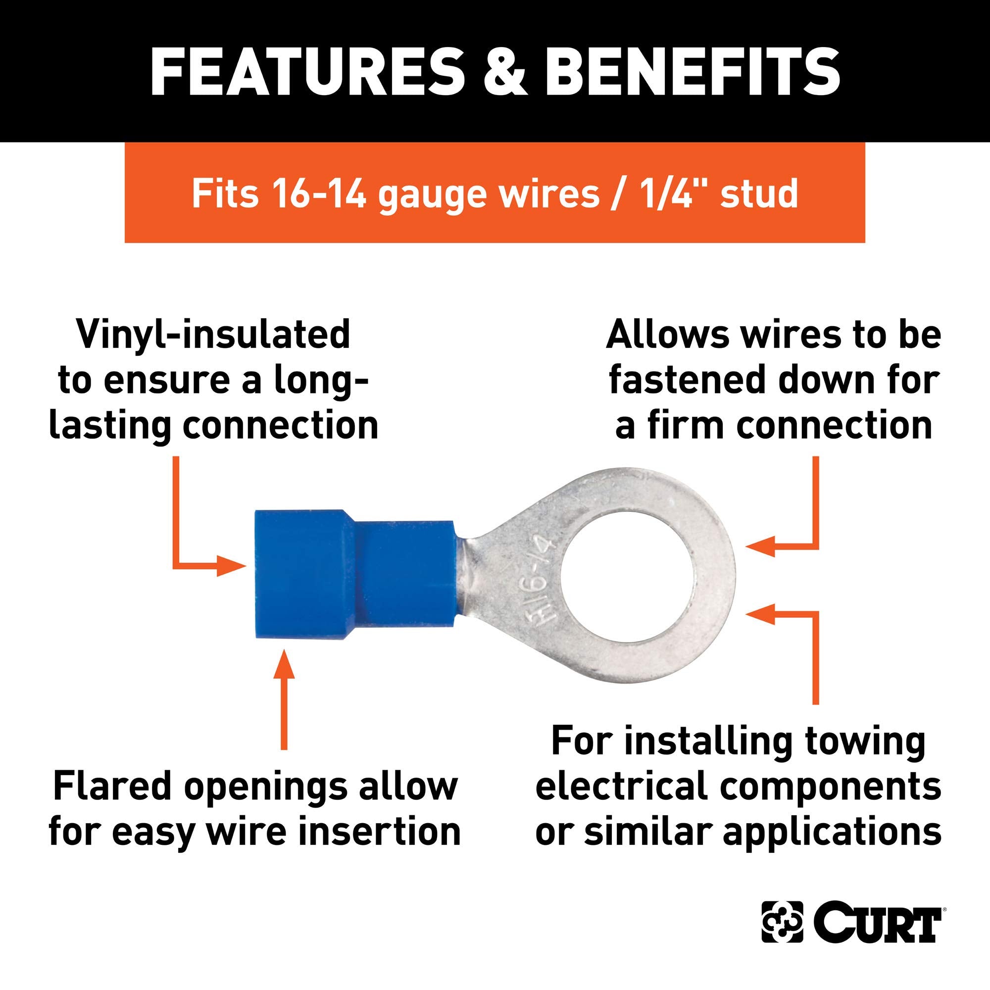 CURT 59522 Blue Vinyl-Insulated 16-14 Gauge Ring Terminal Wire Connectors, 1/4-Inch Stud, 100-Pack