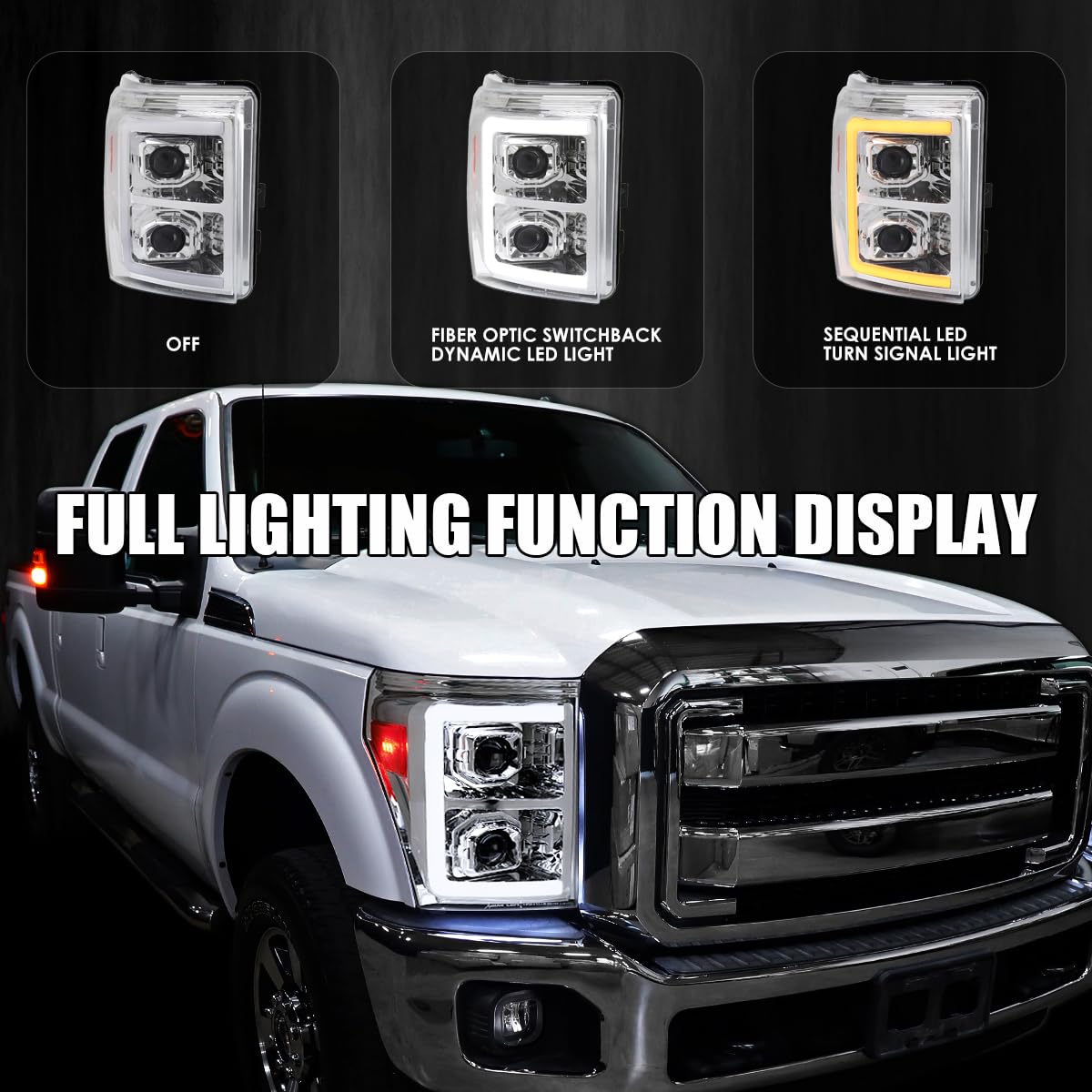 Chrome Projector Headlights SPEC-D TUNING w/Switchback Sequential LED Bar and Startup Animation Compatible with 2011-2016 Ford F250, F350, F450, F550 Super Duty, Left + Right Pair Headlamps Assembly