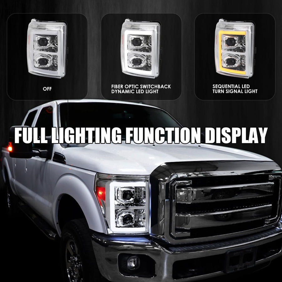 Chrome Projector Headlights SPEC-D TUNING w/Switchback Sequential LED Bar and Startup Animation Compatible with 2011-2016 Ford F250, F350, F450, F550 Super Duty, Left + Right Pair Headlamps Assembly