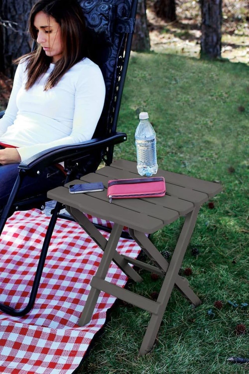 Camco Charcoal 51885 Large Adirondack Portable Outdoor Folding Side Table, Perfect for The Beach, Camping, Picnics, Cookouts & More, Weatherproof & Rust Resistant